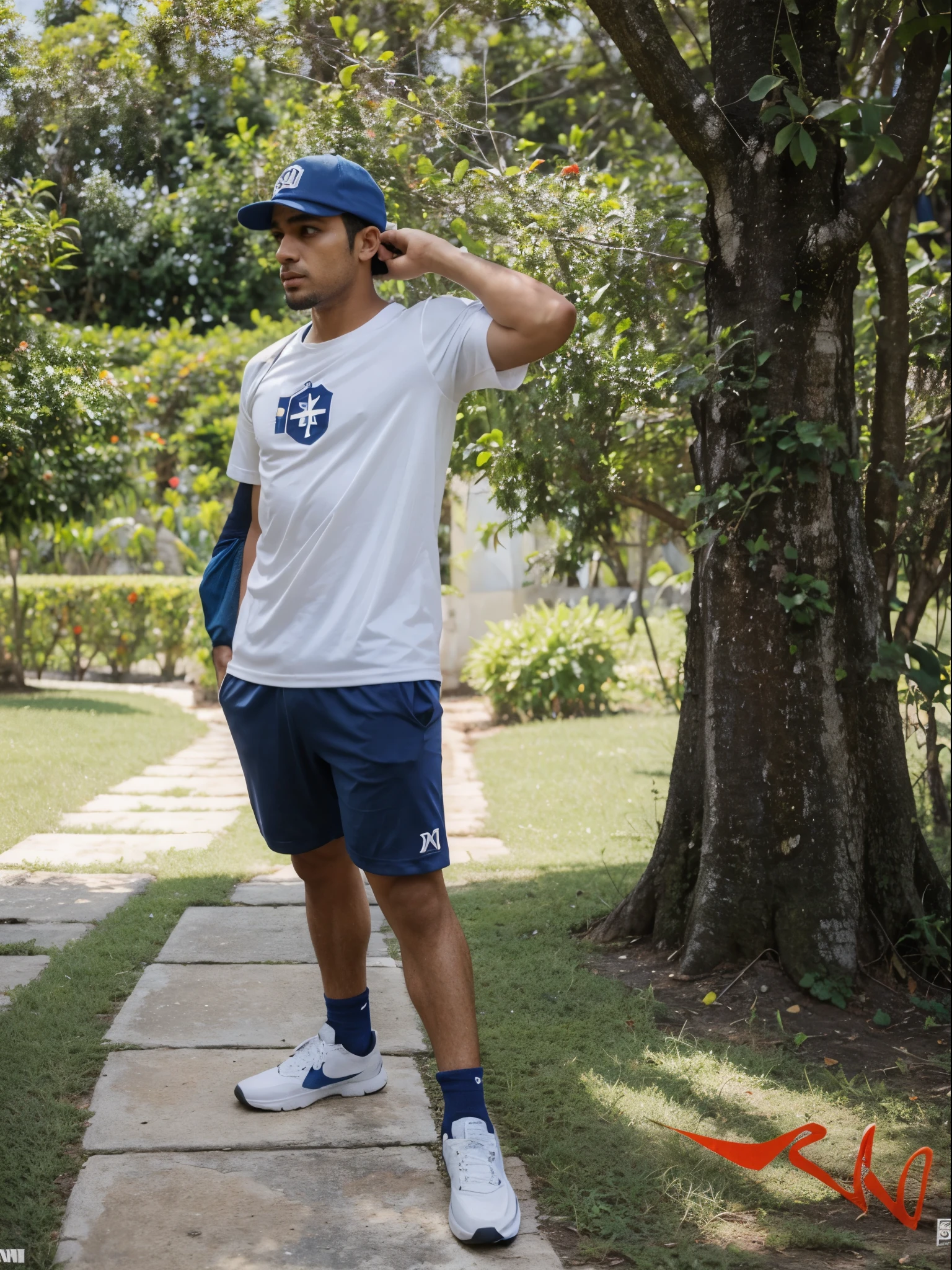 Um Homen, falando no celular, wearing a blue cap, bermuda, e camiseta branca, com uma bolsa preta, camiseta do Corinthians