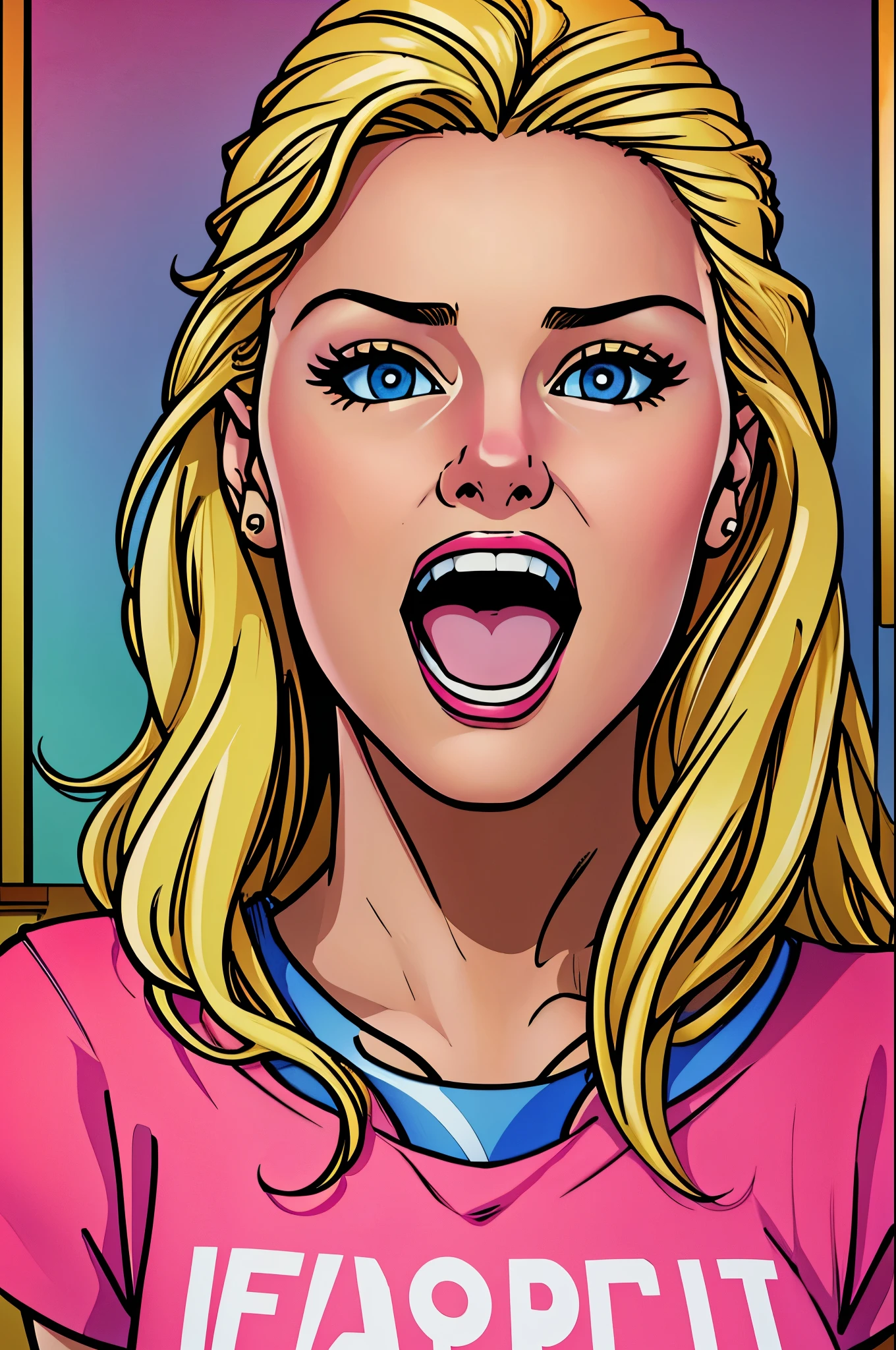 masterpiece, best quality, extremely detailed, pop art, hyperrealistic, photorealistic, a pretty woman, blond hair, happy, surprised:1.1, open mouth, pink tops, speech bubble
