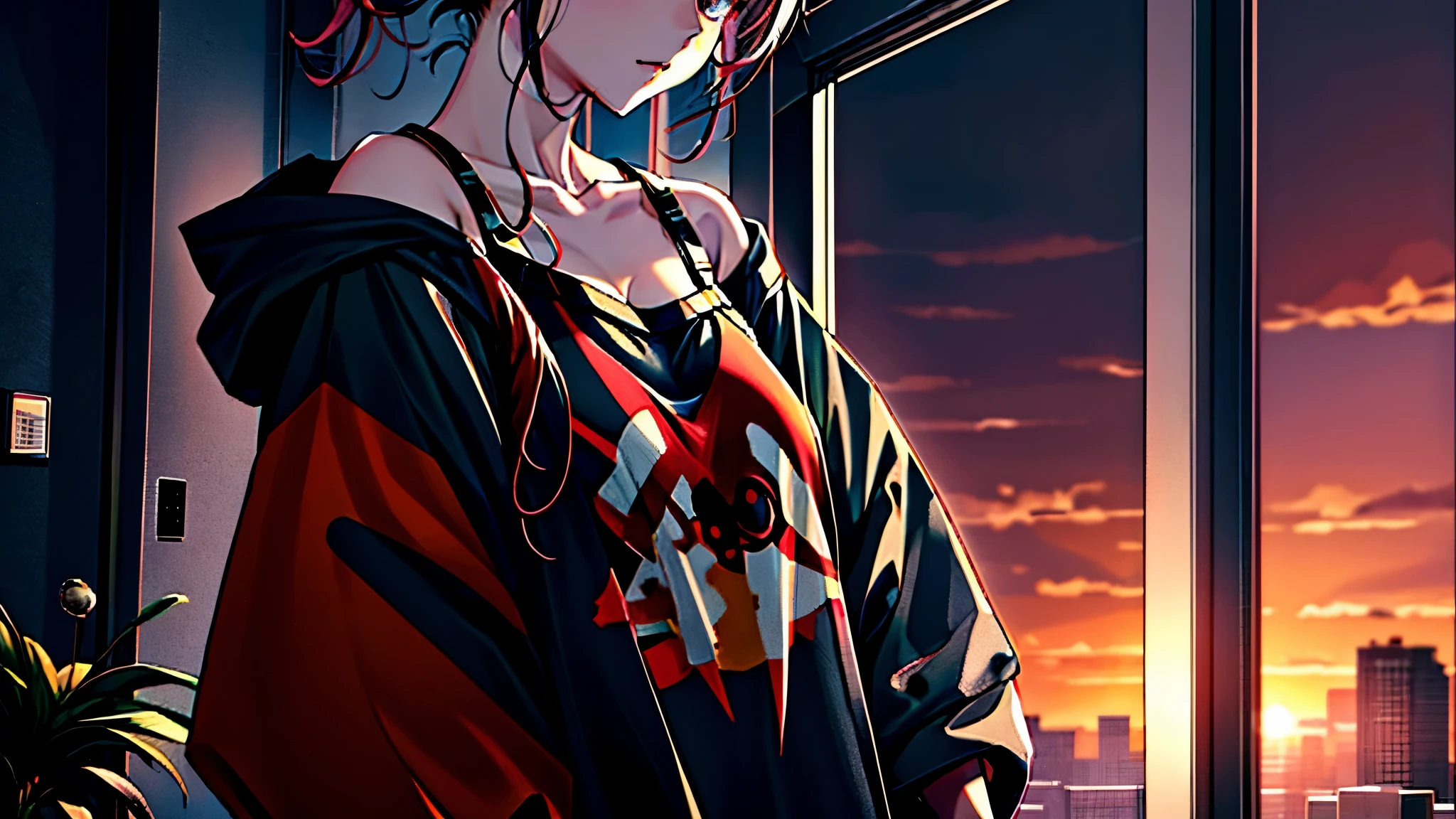 Anime girl looking out the window at the sunset, anime style 4 k, 4k anime wallpaper, anime wallpaper 4k, anime wallpaper 4k, anime art wallpaper 4k, anime art wallpaper 4k, anime art wallpaper 8k, 4k manga wallpaper, terrible anime 8k, Cyberpunk anime girl wearing a hoodie, anime style. 8k