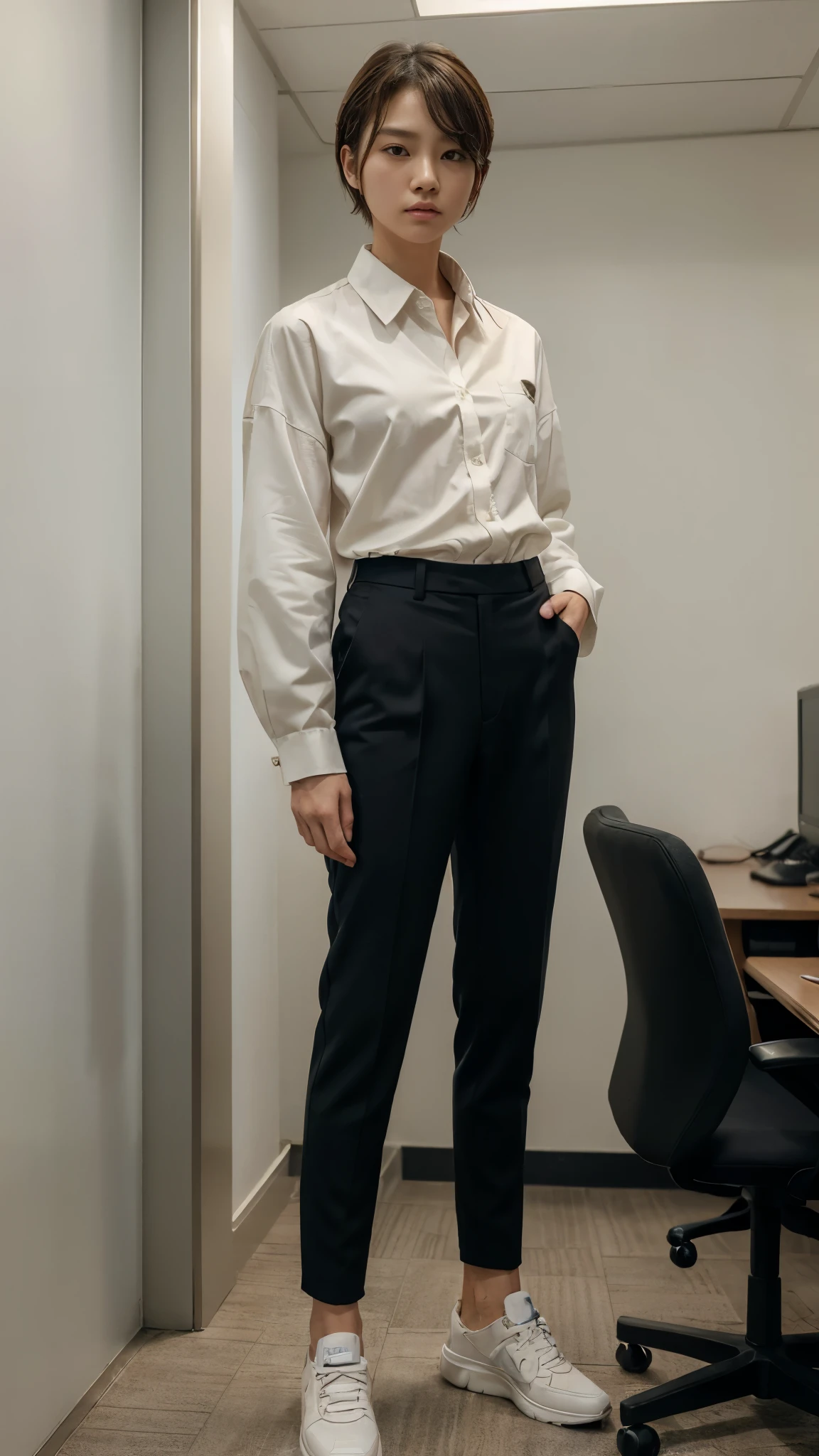 (masterpiece), (best quality), (ultra detailed),(disheveled hair), (1girl), (Fashionable clothing), A Korean woman with short hair and detailed face features crossdressing as a man wearing man's suit, long sleeved shirt, pants, and shoes standing in an office with masculine pose and fierce expression, facing straight to the camera.