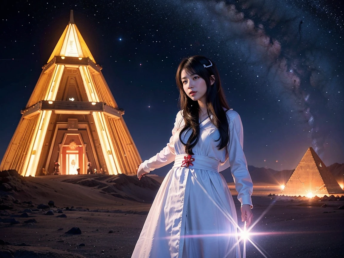 (RAW photo, highest quality), (realistic, Photoreal:1.3), 1 girl、realisticbody、old shrine maiden costume、Pyramid-shaped UFO full of space、laser light、looking at the camera