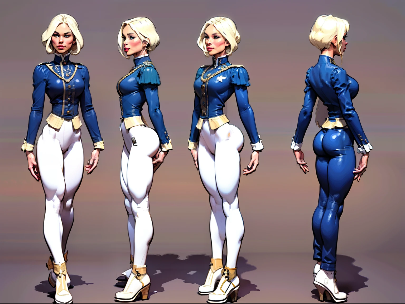 ((masterpiece)),(((best quality))),((character design sheet)), ((full body view)) ((gemma chan face)), youthful face, defined cheekbones, high cheekbones, Same role,Girl with short thin (blonde hair), White Skin, Slim, beautiful face, blue eyes, (flat breasts:1.1), (wide hips), (((wearing white victorian military attire:1.4))), (sapphire details:1.1), (white boots:1.3), illustration, girl, muscular, ((detailed face:1.4)) beautiful woman, shiny skin, scribbles and marks,(puffy lips:1.4) , rough sketches, 8k,16k, (simple background, white background: 1.3)