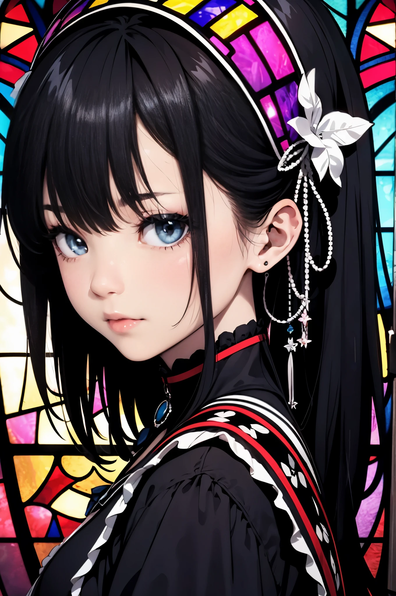 masterpiece, 最high quality, spring, indoor, front sunlight, black hair, bob hair，woman, Gothic ****ta, performer, BREAK ，mysterious stained glass colors, stained glass light, high quality, beautiful graphics, high detail