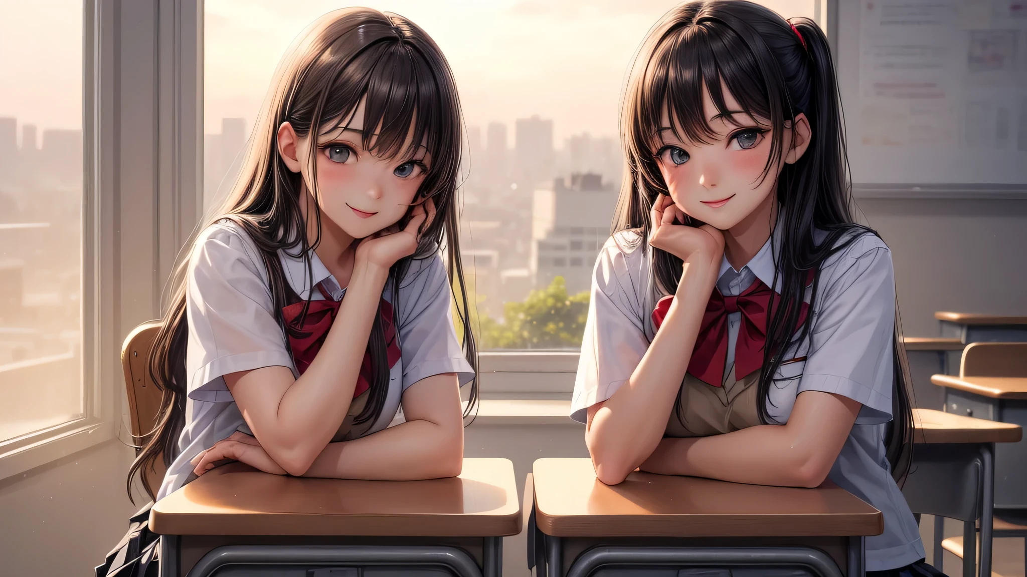 (2 girls), very cute face, wonderful face and eyes, Smile, (highly detailed eyes, highly detailed face), Fresh, (highest quality:1.4), (high School uniform, pleated mini skirt:1.2), smile a little, (look at me), School, classroom, sunset, dazzling light,