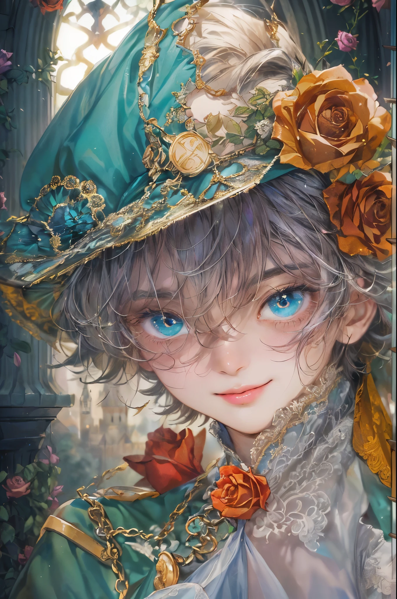 (((absurdres, highres, ultra detailed, perfect face), 1 boy , front view, young boy, handsome boy villain character from magic knight reyearth, short hair, anime eyes, mage clothes with colorful details, eyes on the viewer, add red details to picture and smirk, dimples, extremely detailed CG unity 8k wallpaper, add blue details on side, intricate details and add yellow details on left, bit of rose ornaments, witch castle background, detailed houses town scenery window, tim Burton style theme