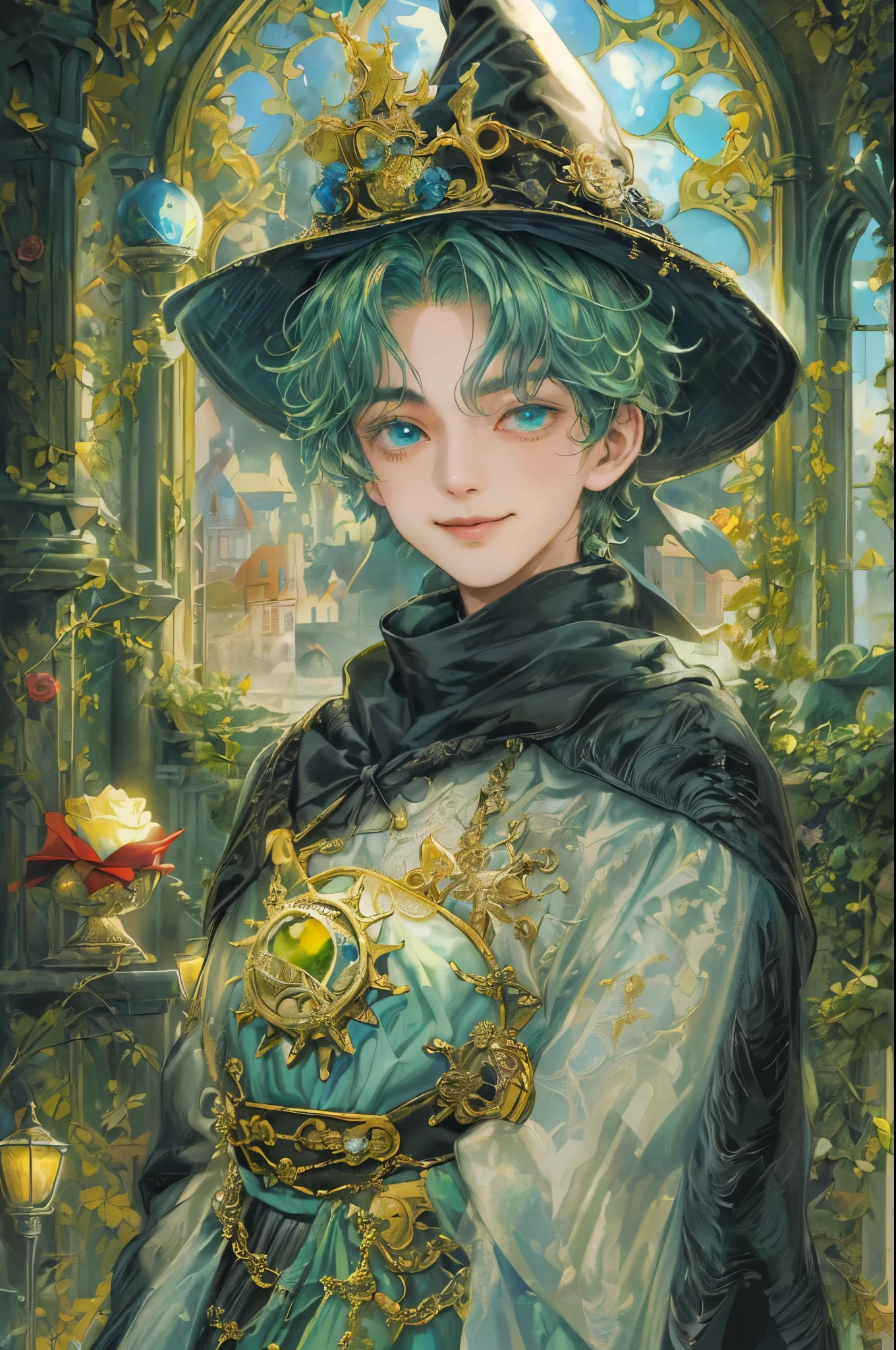 (((absurdres, highres, ultra detailed, perfect face), 1 boy , front view, young boy, handsome boy villain character from magic knight reyearth, short hair, anime eyes, mage clothes with colorful details, eyes on the viewer, add red details to picture and smirk, dimples, extremely detailed CG unity 8k wallpaper, add blue details on side, intricate details and add yellow details on left, bit of rose ornaments, witch castle background, detailed houses town scenery window, tim Burton style theme