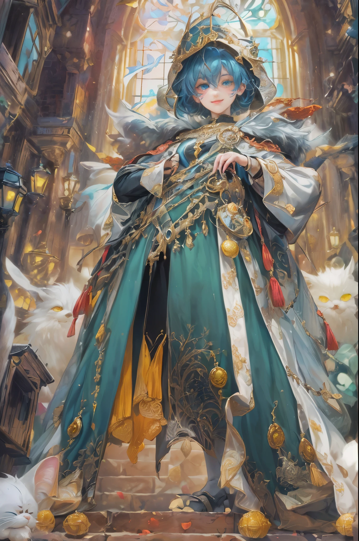 (((absurdres, highres, ultra detailed, perfect face), 1 boy , front view, young boy, handsome boy villain character from magic knight reyearth, short hair, anime eyes, mage clothes with colorful details, eyes on the viewer, add red details to picture and smirk, dimples, extremely detailed CG unity 8k wallpaper, add blue details on side, intricate details and add yellow details on left, bit of rose ornaments, witch castle background, detailed houses town scenery window, tim Burton style theme