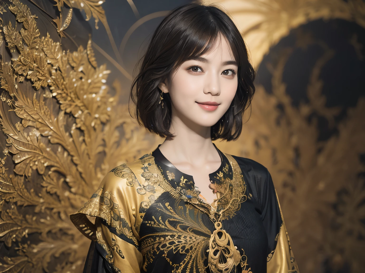 172
Shorthair, a 20 yo woman, gentle smile, abstract, (entangle:1.2), (background is fractal design:1.46)
