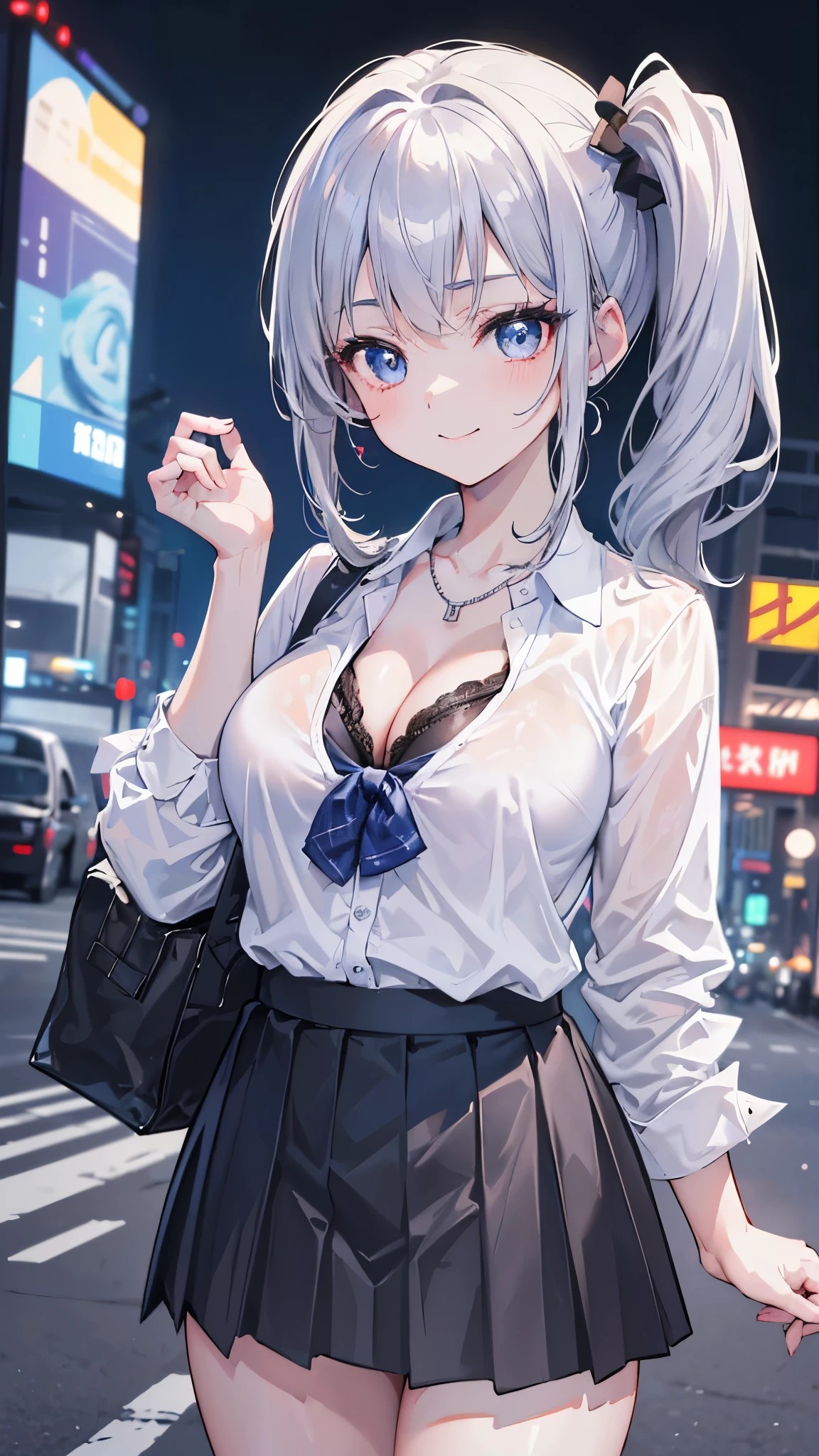 (8K、Highest image quality、highest quality、masterpiece)、detailed face、1 girl、gyaru、Dark silver hair、side ponytail、deep side part、light blue eyes、smile、Moderate chest、((white collared shirt))、open clothes、((Cleavage))、((black pleated skirt))、((miniskirt))、cowboy shot、city background