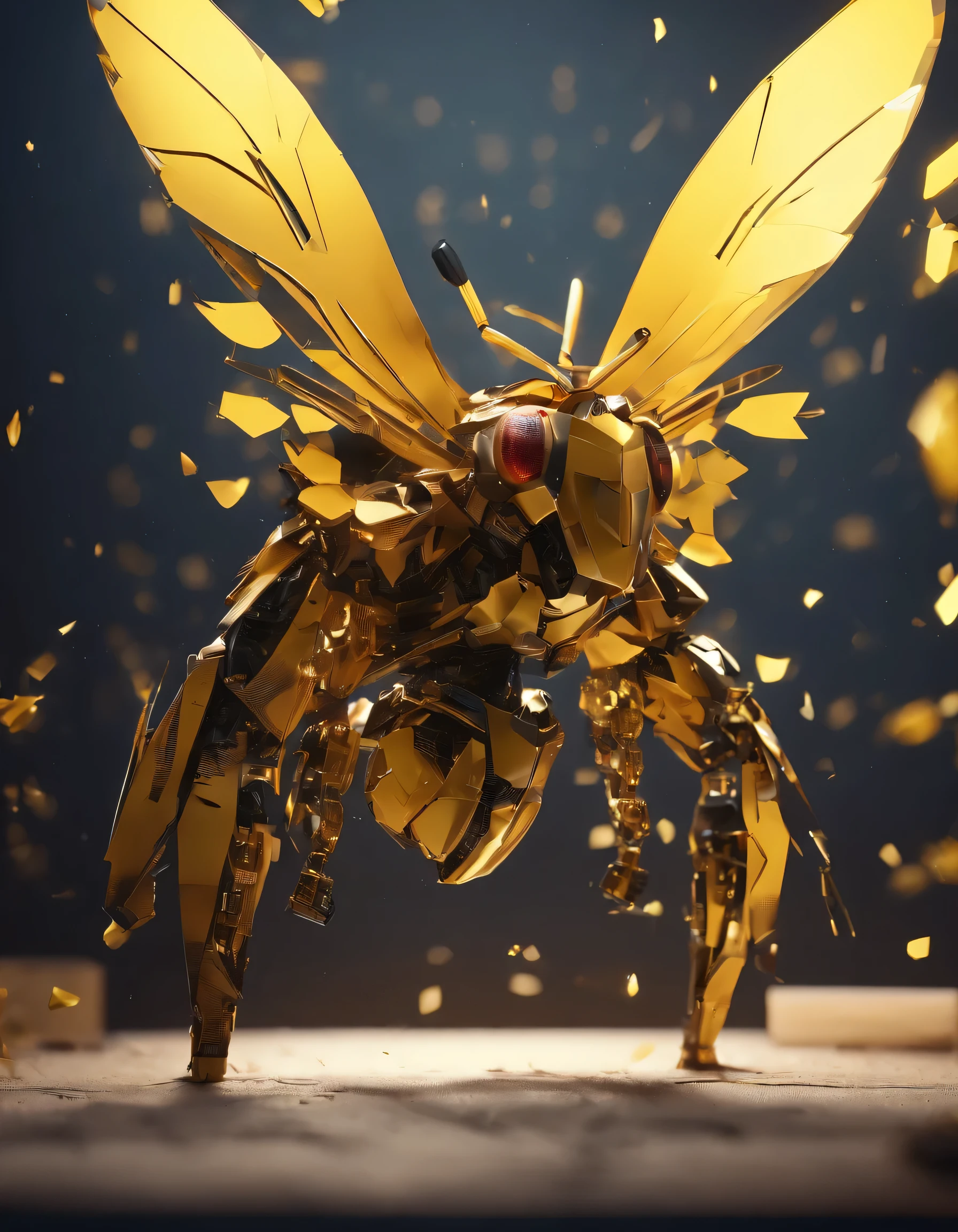 Bumblebee made of paper origomi, hammered metal atyle, cinematic light, golden particles, shallow depth of field, dark theme