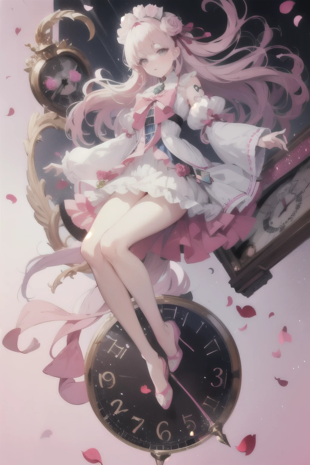 ((best quality)), ((masterpiece)), (detailed), perfect face,((pink big ribbon))flowers,((pearl)),((pastels)) ((dramatic backround)) ((rose petals)) ((full body)), falling from sky,(magic) ((clock background))
(Diamond rain)),8k hd,best quality