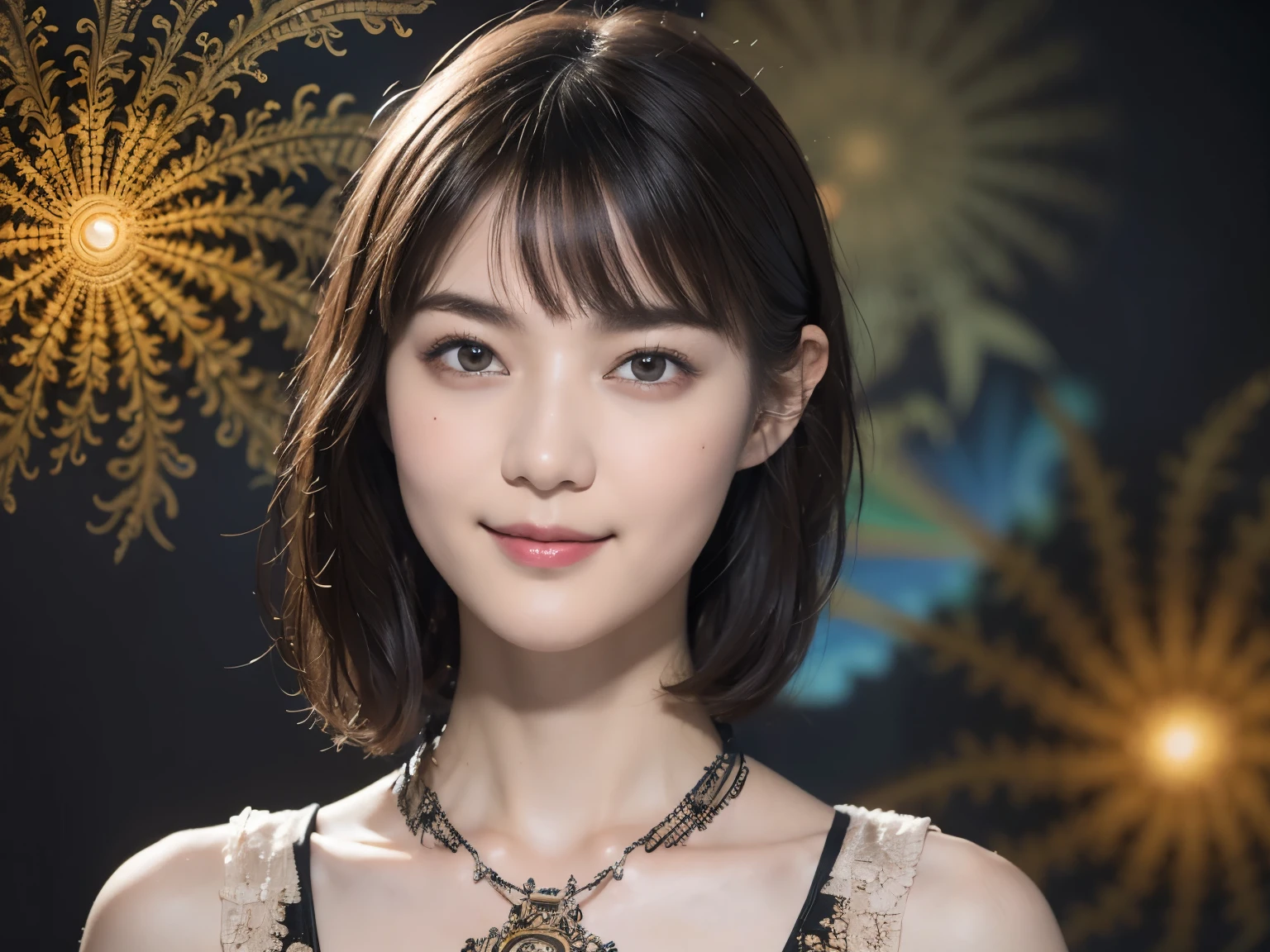 172
Shorthair, a 20 yo woman, gentle smile, abstract, (entangle:1.2), (background is fractal design:1.46)