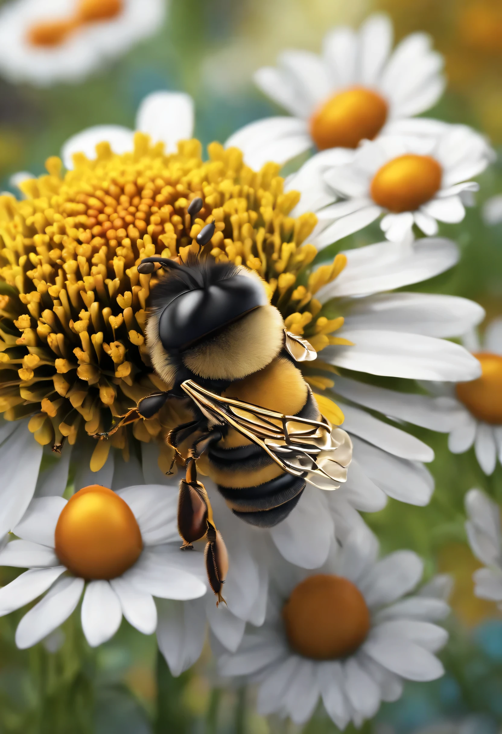 Create an animation of an extremely cute little bee, for illustration for children, with its furry body and delicate wings, flying with an angry countenance in a garden full of multicolored flowers. with blue, red, yellow and white flowers.