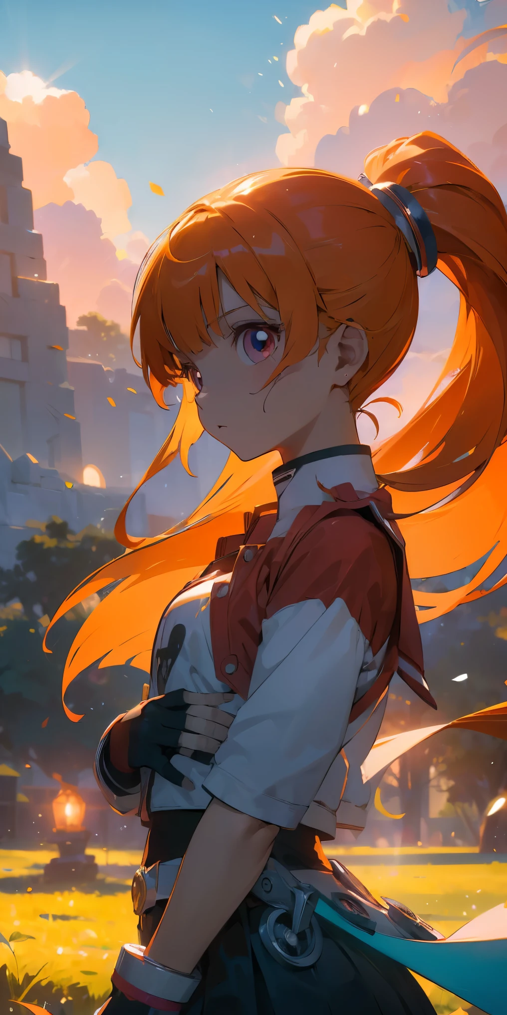 asunayuuki, cabello color naranja， Con dos espadas resplandecientes, Uniforme blanco de combate, Sword Art online adaptation, Trazos rojos que simulan la velocidad del personaje, Modo de batalla, (ultrarrealista), {Fondo de pantalla extremadamente detallado de la unidad CG 8k}, Vastas fotos de paisajes, (A central vision that prioritizes the whole character., (Vista de campo abierto), (low angle shot), (destacar: 1.5), (baja iluminancia: 1.0), (warm light source: 1.0), detalles intrincados, (Colores iridiscentes: 1.5), (bright lighting), (atmospheric lighting), sword art online, dreamer, animado