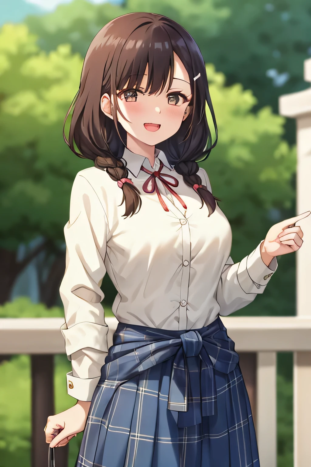highest quality, (masterpiece:1.2), very detailed, pure white background, A magical girl who emits sparkling pink magic from her fingertips towards the viewer......, Light shining from your fingertips、irido yume, looking at the viewer, open your mouth, nice smile, brown shiny eyes, brown hair, Very long braids that extend to the waist, big hair clip, school uniform, dark blue plaid skirt, middle long skirt, white shirt, blue jacket, Golden coat of arms, big red ribbon on the chest, lipstick、very shiny hair、laughter、bright look、Eyes are shining、the light illuminates your face and hair, There'There's a lot of light in my eyes, The corners of the eyes are drooping, , her hair is braided to her waist.
