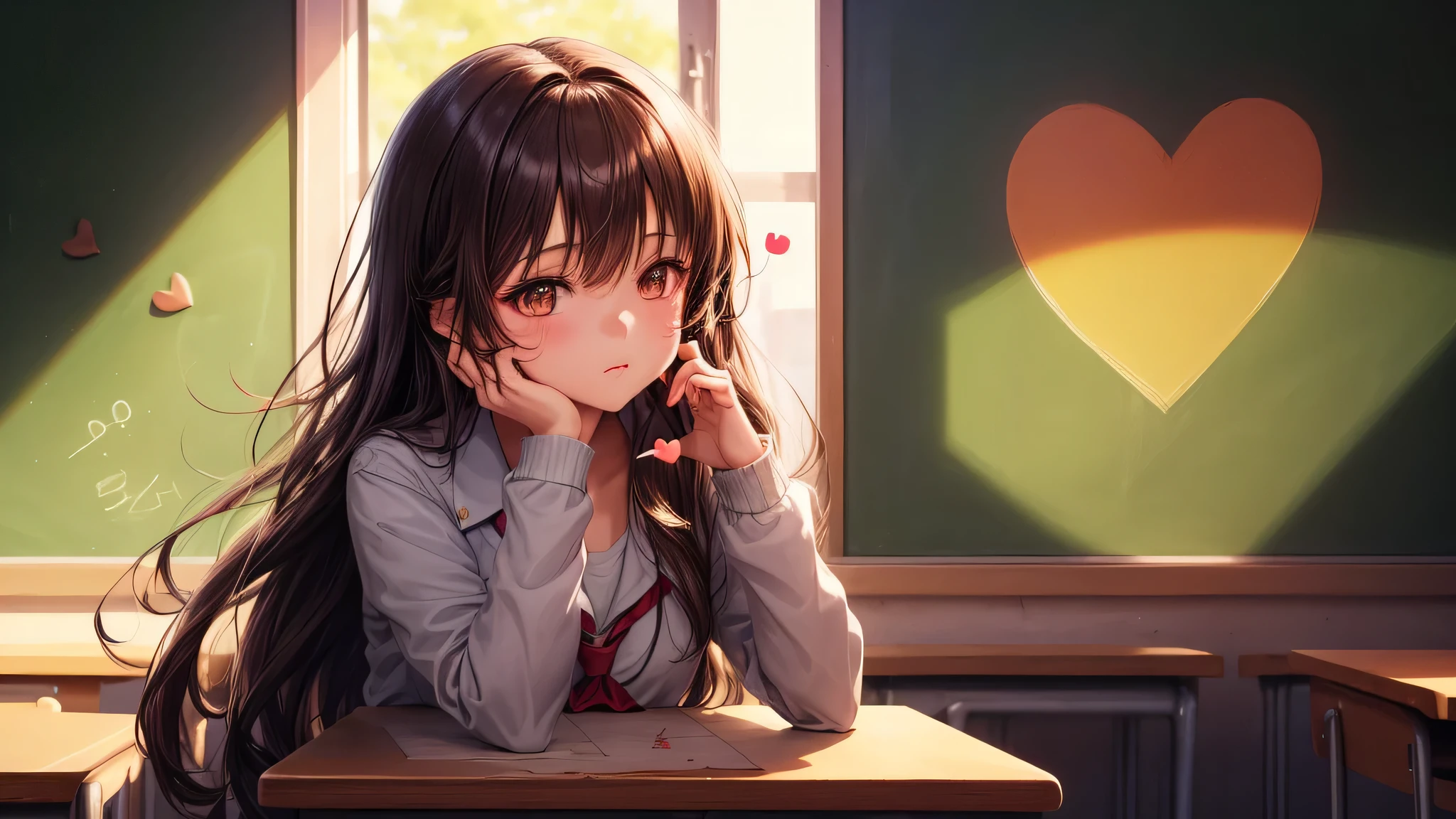(ung girl:1.3), long hair, brown eyes, model, Enchanting, Sublime, indoors, (Bokeh), (anime , anime illustration), school, classroom, eraser, sunset, alone, (heart shape drawn with chalk, Heart shape written on a blackboard:1.3),
