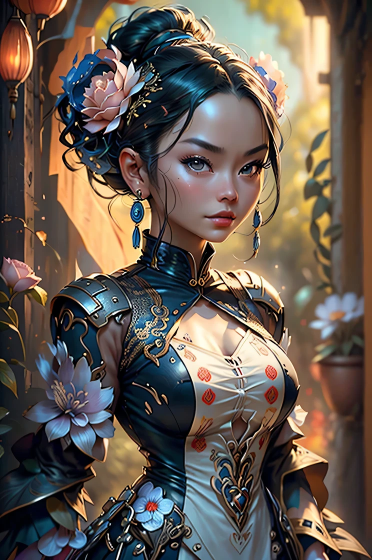 masterpiece, best quality, 8k, sharp focus, realistic, (detailed)), ((good highlights), 1 mature Chinese woman , have big chest , detailed beautiful face, detail skin texture, ultra-detailed body:1.1), 32k resolution:1.3))), highest quality, highly quality, she have creamy blue hair , wearing creamy blue and creamy yellow and black outfit , moons and roses and pattern, hoop earring
