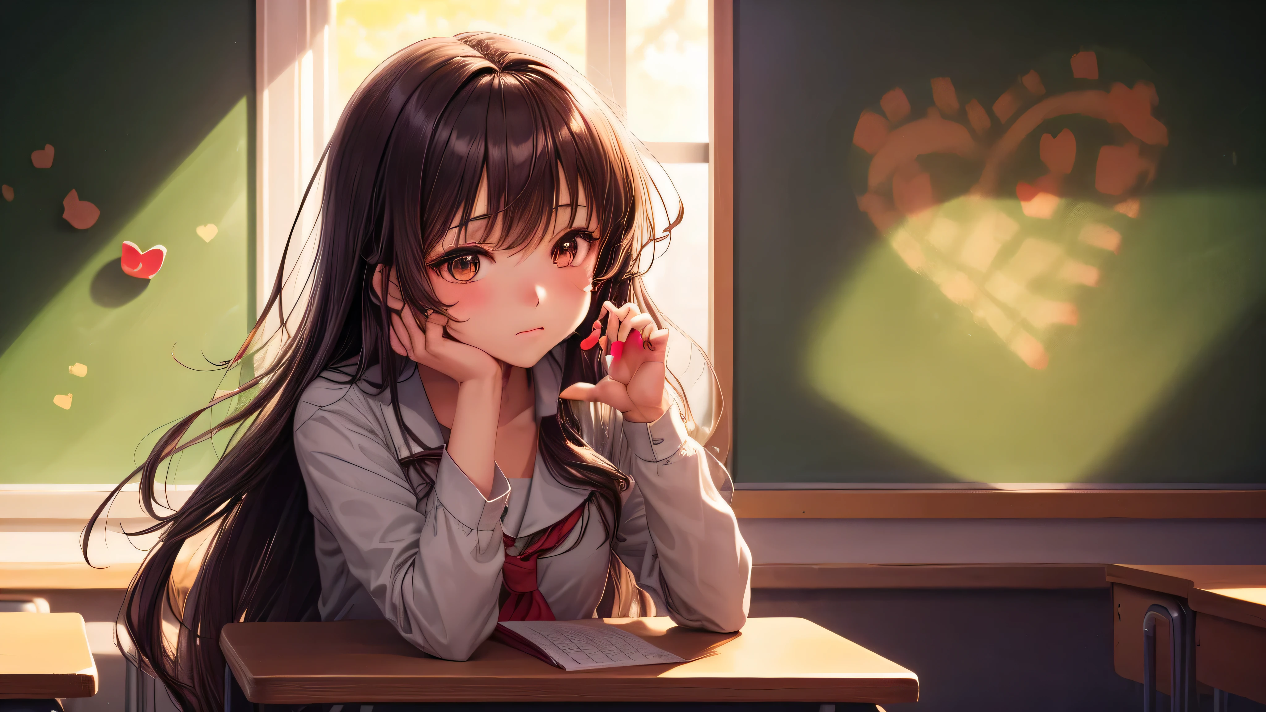 (ung girl:1.3), long hair, brown eyes, model, Enchanting, Sublime, indoors, (Bokeh), (anime , anime illustration), school, classroom, eraser, sunset, alone, (heart shape drawn with chalk, Heart shape written on a blackboard:1.3),