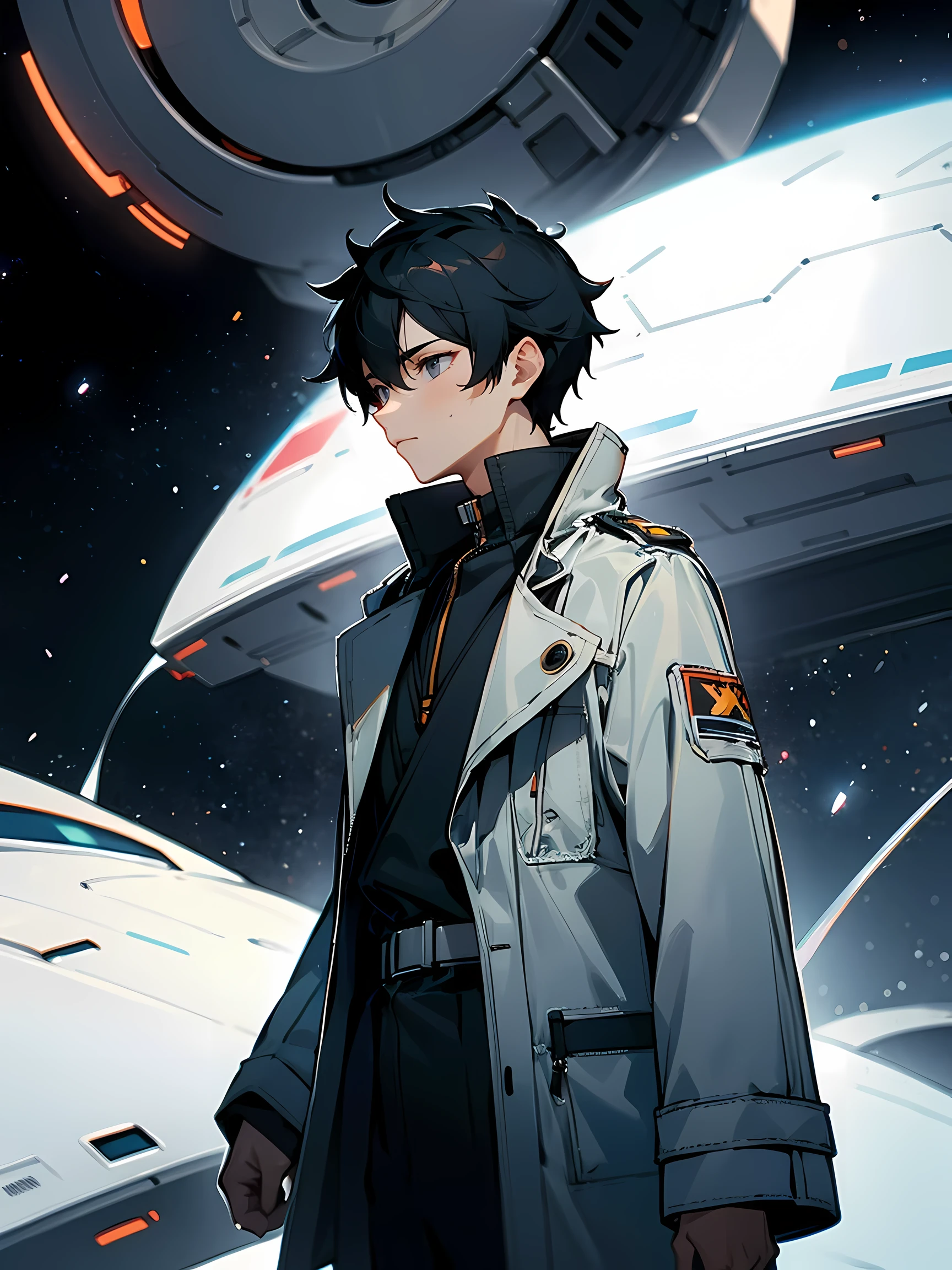 1male, black hair, grey eyes, pilot clothing, trenchcoat space ship