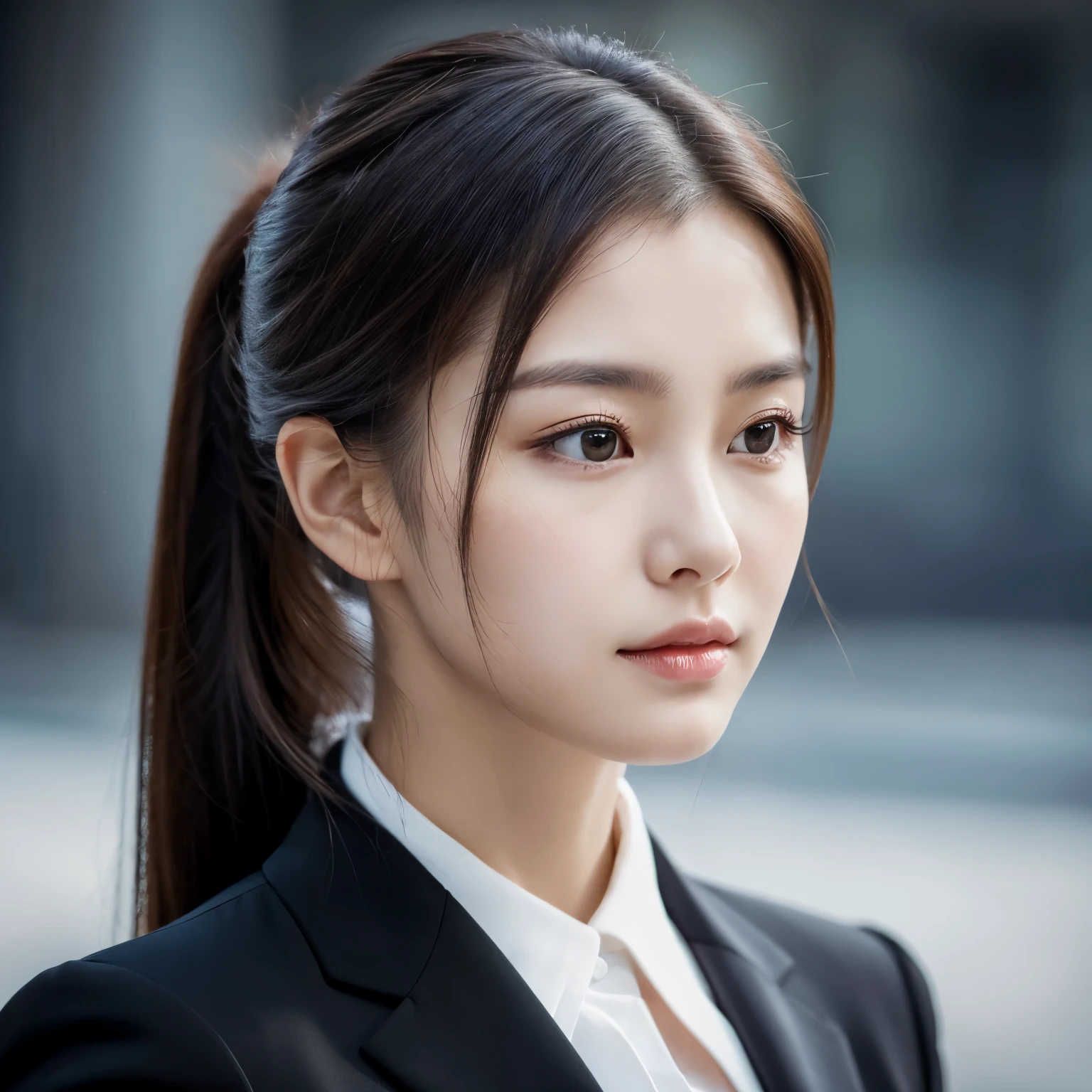 Close-up of a woman wearing a black suit and ponytail, realistic. Chen Yi, beautiful korean woman, beautiful portrait images, Gorgeous face portrait, stunning anime face portraits, korean girl, high quality portrait, beautiful and delicate face, realistic beautiful face, beautiful young korean woman, beautiful realistic face, cute delicate face, Portrait cute - well-groomed face,lawyer