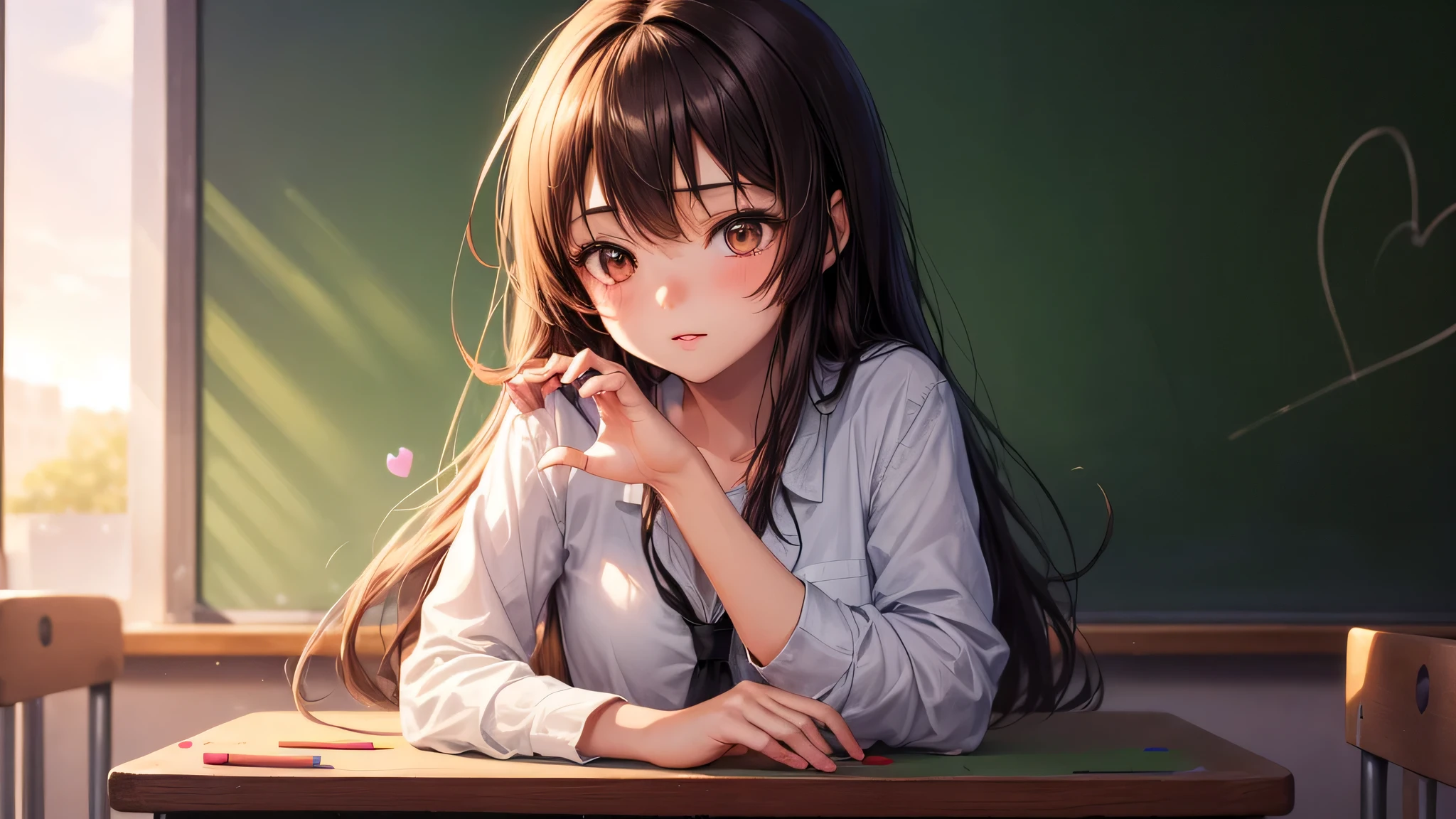 (1young girl:1.3), long hair, brown eyes, model, Enchanting, Sublime, indoors, (Bokeh), (anime , anime illustration), school, classroom, eraser, sunset, alone, (heart shape drawn with chalk, Heart shape written on a blackboard:1.3),