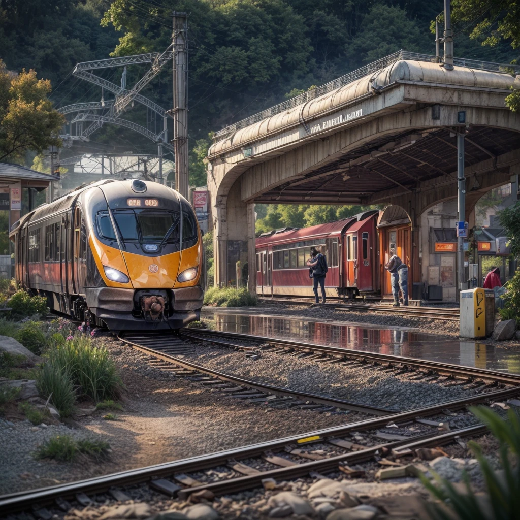 (train station scene:1.5),A train stops quietly on the tracks,Surrounded by tranquil fields and distant mountains。Warm colors in the picture,The sun shines through the clouds on the train and the platform,It creates a peaceful and comfortable atmosphere。Highlight the details and texture of the train,And the architectural style and feel of the train station。No one appears,Let the picture pay more attention to the expression of nature and environment,3D rendering miniature scene design,miniature diorama,Transparent material,Pipe conveying materials,rich and colorful,futuristic,Graphic design inspiration illustration,emerging rendering,mixer,Unreal Engine,HDR, HD,best quality