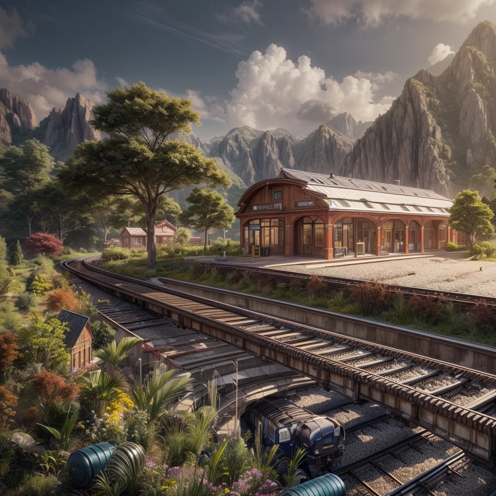 train station scene，A train stops quietly on the tracks，Surrounded by tranquil fields and distant mountains。Warm colors in the picture，The sun shines through the clouds on the train and the platform，It creates a peaceful and comfortable atmosphere。Please emphasize the details and texture of the train in the picture，And the architectural style and feel of the train station。No one appears，Let the picture pay more attention to the expression of nature and environment。，3D rendering miniature scene design，miniature diorama，Transparent material，Pipe conveying materials，rich and colorful，futuristic，Graphic design inspiration illustration，emerging rendering，mixer，Unreal Engine，HDR, HD，best quality
