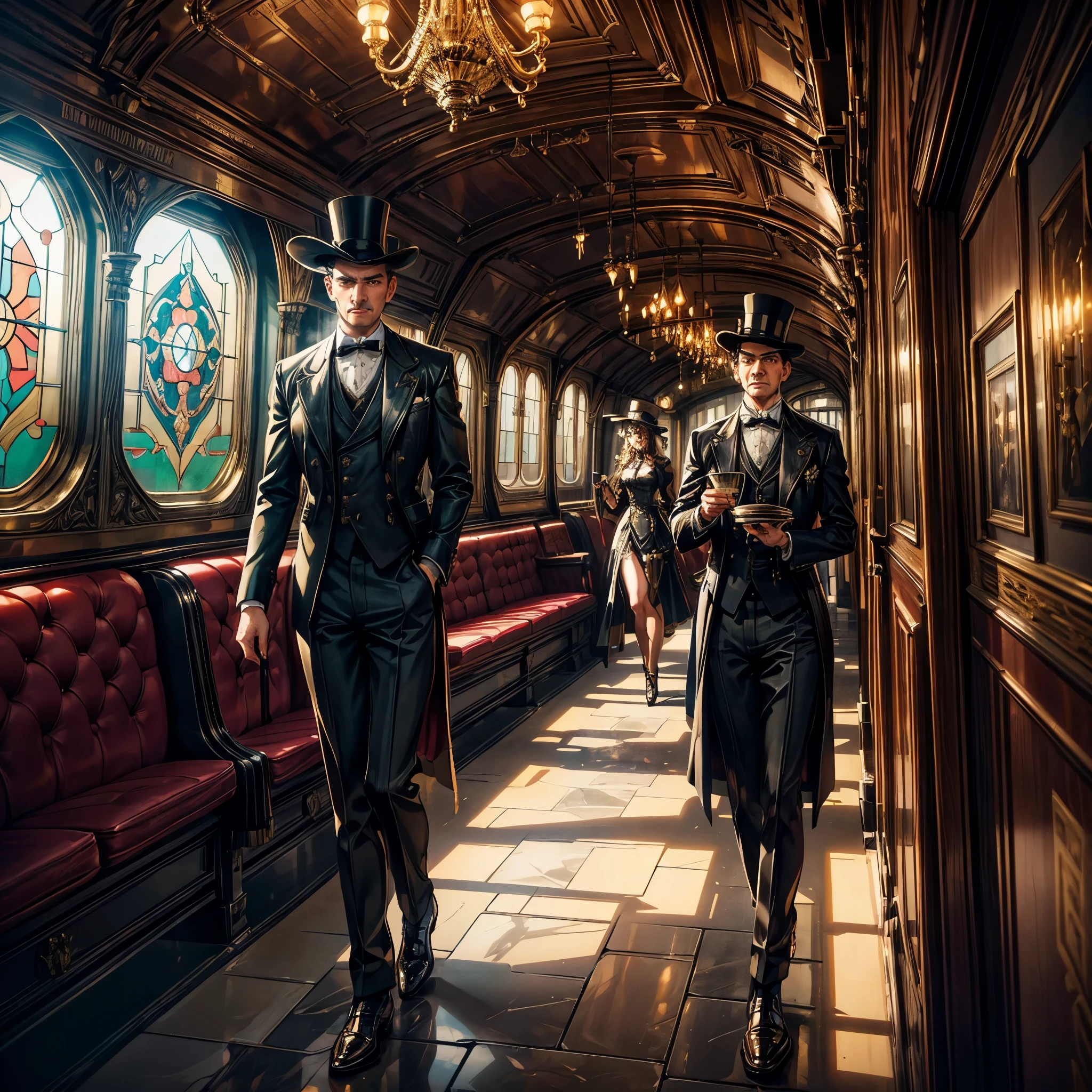 (best quality,4k,8k,highres,masterpiece:1.2),ultra-detailed,(realistic,photorealistic,photo-realistic:1.37),steam punk,a luxurious Train Station,spotlessly clean,several steam punk entertainment gadgets are present,golden steam-powered machines,exquisite clockwork mechanisms,elaborate brass gears and cogs,steaming pipes and valves,ornate Victorian architecture,impeccably polished marble floors,vintage leather-upholstered seating,gleaming crystal chandeliers,elegant top hats and corsets,curved wrought-iron staircases,copper-clad ticket booths,an opulent waiting lounge with plush velvet seats,an old-fashioned ticket conductor standing at the platform,steam-powered trains arriving and departing with a majestic hissing sound,couples in elegant attire waiting to board the train,a sense of excitement and anticipation in the air,beautifully painted vintage train carriages,puffs of steam billowing from the engines,strategically placed gas lamps casting a warm glow,sounds of clinking tea cups and laughter from a nearby café,vivid colors of rich burgundy,deep emerald green,and shimmering gold,all perfectly illuminated by the soft natural light streaming through large stained glass windows,captured in a timeless moment of Victorian elegance and steam-powered marvels.