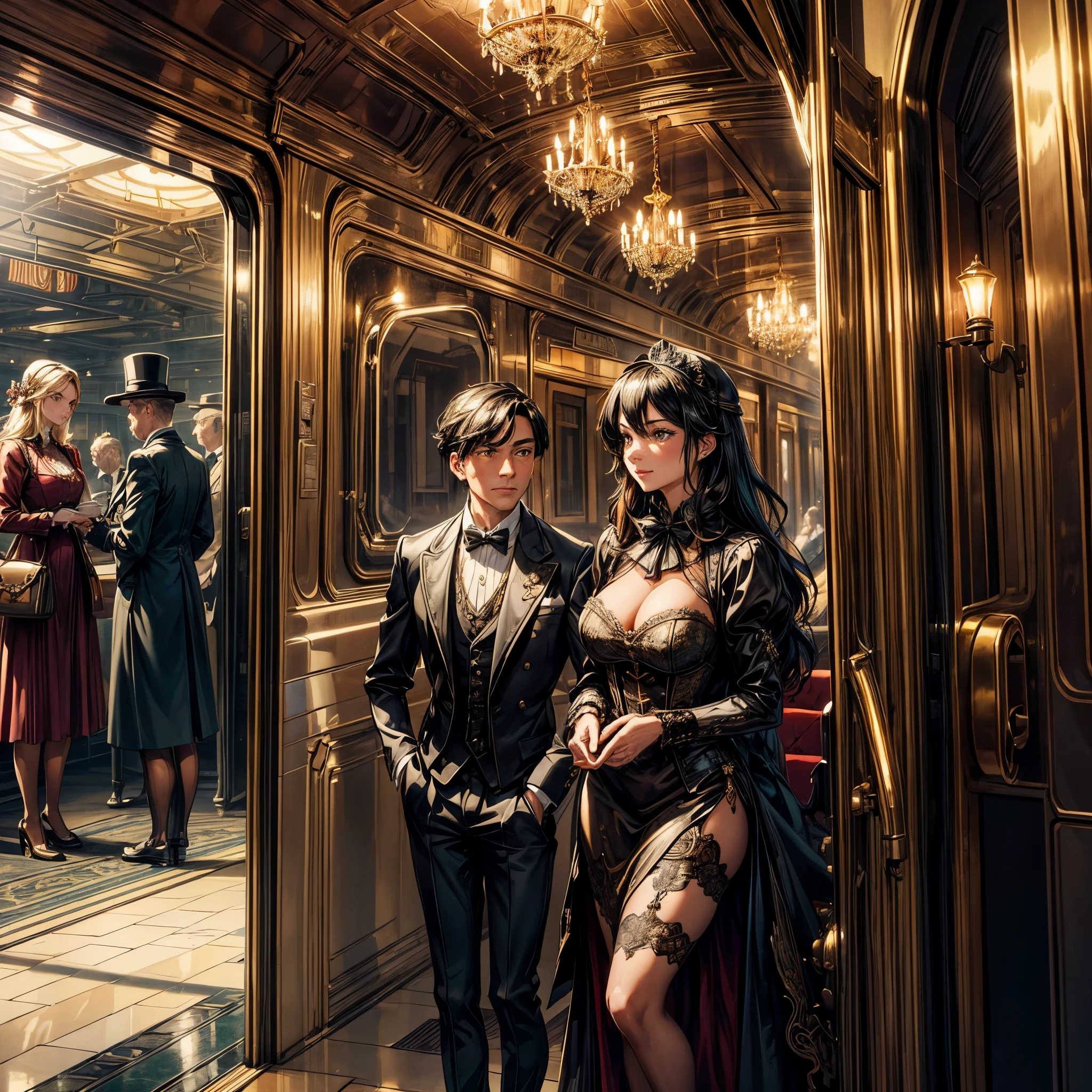 (best quality,4k,8k,highres,masterpiece:1.2),ultra-detailed,(realistic,photorealistic,photo-realistic:1.37),steam punk,a luxurious Train Station,spotlessly clean,several steam punk entertainment gadgets are present,golden steam-powered machines,exquisite clockwork mechanisms,elaborate brass gears and cogs,steaming pipes and valves,ornate Victorian architecture,impeccably polished marble floors,vintage leather-upholstered seating,gleaming crystal chandeliers,elegant top hats and corsets,curved wrought-iron staircases,copper-clad ticket booths,an opulent waiting lounge with plush velvet seats,an old-fashioned ticket conductor standing at the platform,steam-powered trains arriving and departing with a majestic hissing sound,couples in elegant attire waiting to board the train,a sense of excitement and anticipation in the air,beautifully painted vintage train carriages,puffs of steam billowing from the engines,strategically placed gas lamps casting a warm glow,sounds of clinking tea cups and laughter from a nearby café,vivid colors of rich burgundy,deep emerald green,and shimmering gold,all perfectly illuminated by the soft natural light streaming through large stained glass windows,captured in a timeless moment of Victorian elegance and steam-powered marvels.