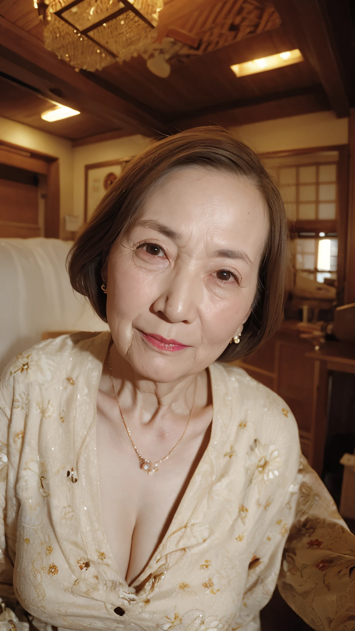 ((elderly mature woman)), ((Focused)), (decorative ceiling), (old face), pearl necklace, gravure, describe the lips correctly, red lipstick, from the chest up, In underwear, senior citizen,mature woman, flashy face, highest quality, super high quality, realistic, super dense skin, perfect explanation, (1 Japanese mature woman), (erotic), 100 years old, big breasts, Bewitching, Glamour, sexy, pure white skin, looking at the viewer,