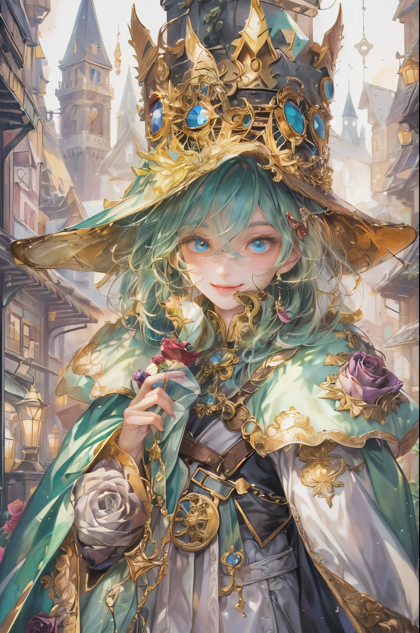 (((absurdres, highres, ultra detailed, perfect face), 1 boy , front view, young boy, handsome boy villain character from magic knight reyearth, short hair, anime eyes, mage clothes with colorful details, eyes on the viewer, add red details to picture and smirk, dimples, extremely detailed CG unity 8k wallpaper, add blue details on side, intricate details and add yellow details on left, bit of rose ornaments, witch castle background, detailed houses town scenery window, tim Burton style theme
