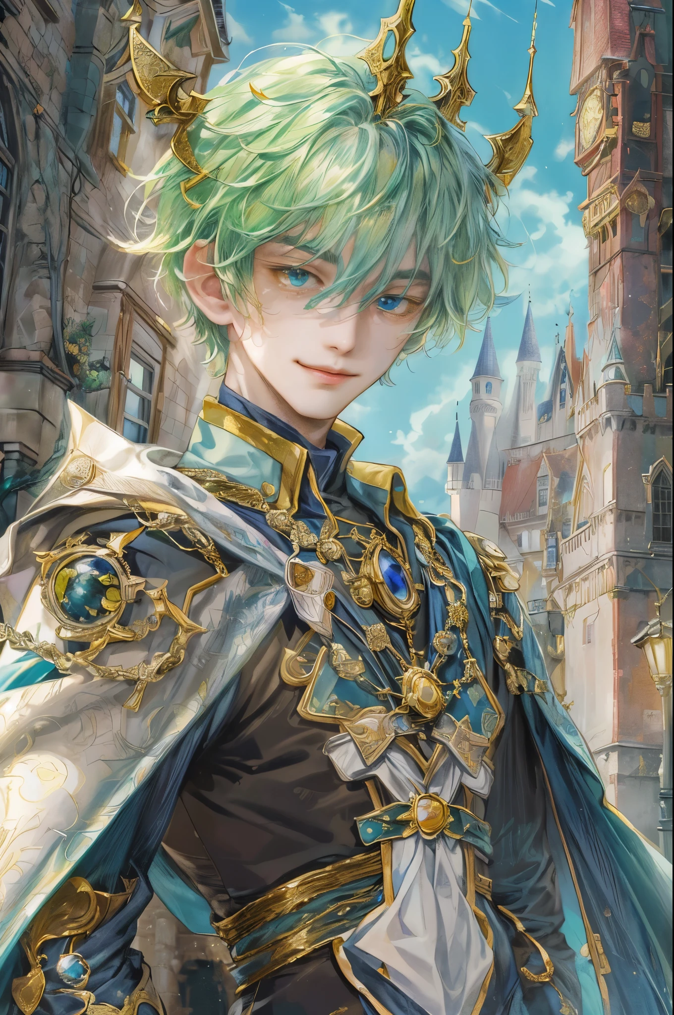 (((absurdres, highres, ultra detailed, perfect face), 1 boy , front view, young boy, handsome boy villain character from magic knight reyearth, short hair, anime eyes, mage clothes with colorful details, eyes on the viewer, add red details to picture and smirk, dimples, extremely detailed CG unity 8k wallpaper, add blue details on side, intricate details and add yellow details on left, bit of rose ornaments, witch castle background, detailed houses town scenery window, tim Burton style theme