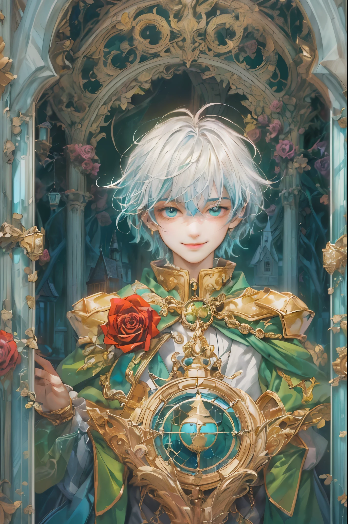 (((absurdres, highres, ultra detailed, perfect face), 1 boy , front view, young boy, handsome boy villain character from magic knight reyearth, short hair, anime eyes, mage clothes with colorful details, eyes on the viewer, add red details to picture and smirk, dimples, extremely detailed CG unity 8k wallpaper, add blue details on side, intricate details and add yellow details on left, bit of rose ornaments, witch castle background, detailed houses town scenery window, tim Burton style theme