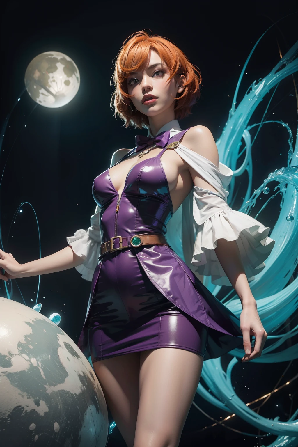 concept art, overhead angle of a Will-o'-the-wisp, wearing Funny Somali Emerald deep orange Pinafore, Caramel hair styled as Short hair, fluorescent purple Hair tie, equirectangular 360, Highres,  [(art by Willi Baumeister:1.1), (art by John T. Biggers:1.2)::17], official art, unity 8k wallpaper, ultra detailed, aesthetic, masterpiece, best quality, photorealistic