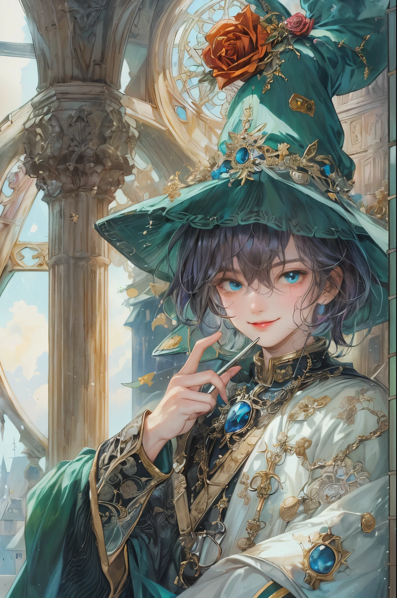 (((absurdres, highres, ultra detailed, perfect face), 1 boy , front view, young boy, handsome boy villain character from magic knight reyearth, short hair, anime eyes, mage clothes with colorful details, eyes on the viewer, add red details to picture and smirk, dimples, extremely detailed CG unity 8k wallpaper, add blue details on side, intricate details and add yellow details on left, bit of rose ornaments, witch castle background, detailed houses town scenery window, tim Burton style theme