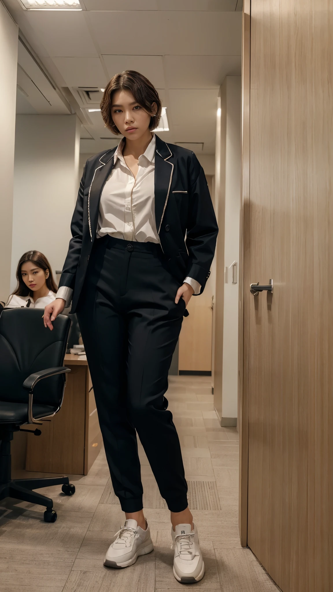 (masterpiece), (best quality), (ultra detailed),(disheveled hair), (1woman), (Fashionable clothing), A big and tall Korean woman with short hair and detailed face features crossdressing as a man wearing man's suit, long sleeved shirt, pants, and shoes standing in an office with masculine pose and fierce expression, she is facing to the camera.