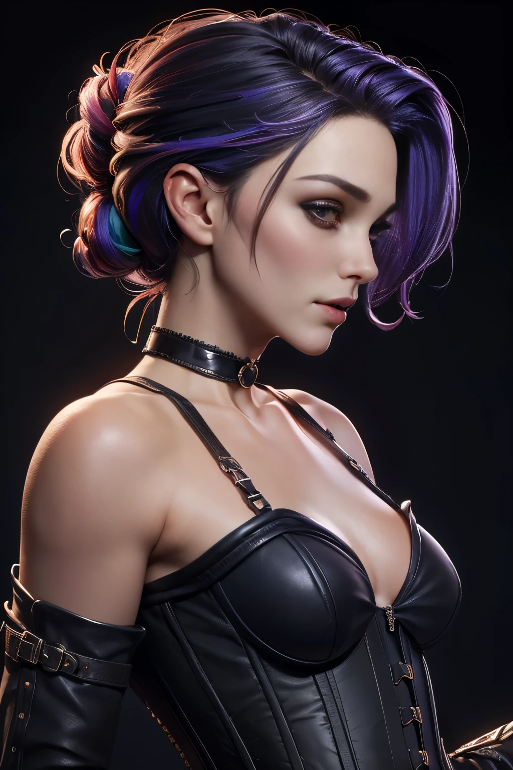 photo of celebrity, RAW, beautiful woman, ((portrait)), ((detailed face, colorful rainbow hair:1.2)), ((detailed facial feature, detailed skin, clear skin, parted lips), (perfect proportioned body, medium breasts, side boob), (wearing choker, bounty hunter outfit, corset, bare shoulders, thigh high boots, pale skin, dark makeup: 1.5)), (high detailed pub, her side to us, sideview, looking at viewer: 1.3), (realistic photo, best quality, detailed), (8k wallpaper), (cinematic lighting, dramatic lighting) (sharp focus, intricate)