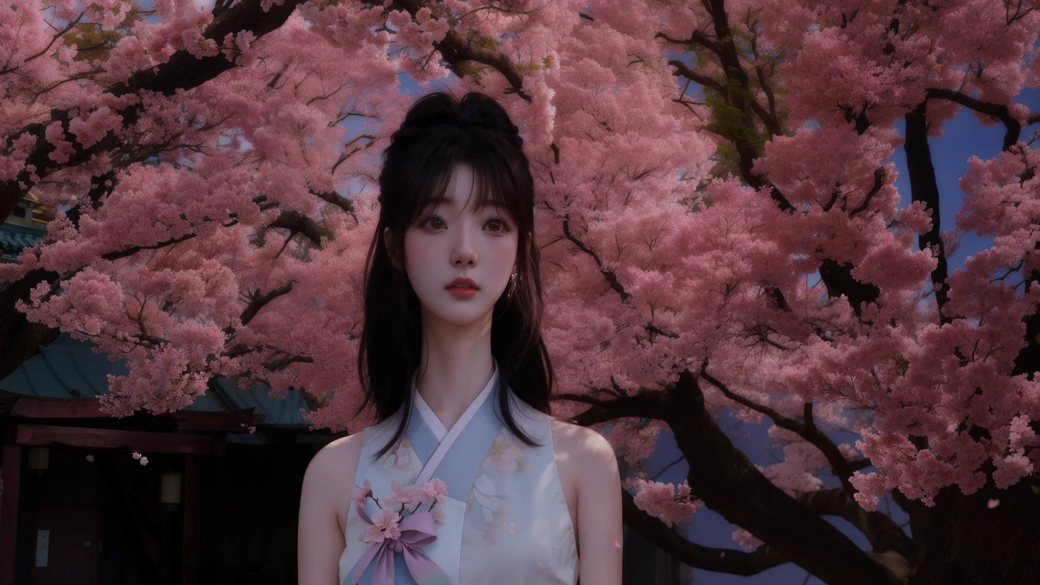 il y a une femme debout sous un arbre avec des fleurs roses, inspired by Sim Sa-jeong, sakura petals around'elle, Éclairage dynamique Sakura Season, sakura en fleurs, inspired by Uemura Shōen, soie fluide couleur sakura, inspired by Li Mei-shu, inspired by Ma Yuanyu, Kasumi Arimura style 3/4