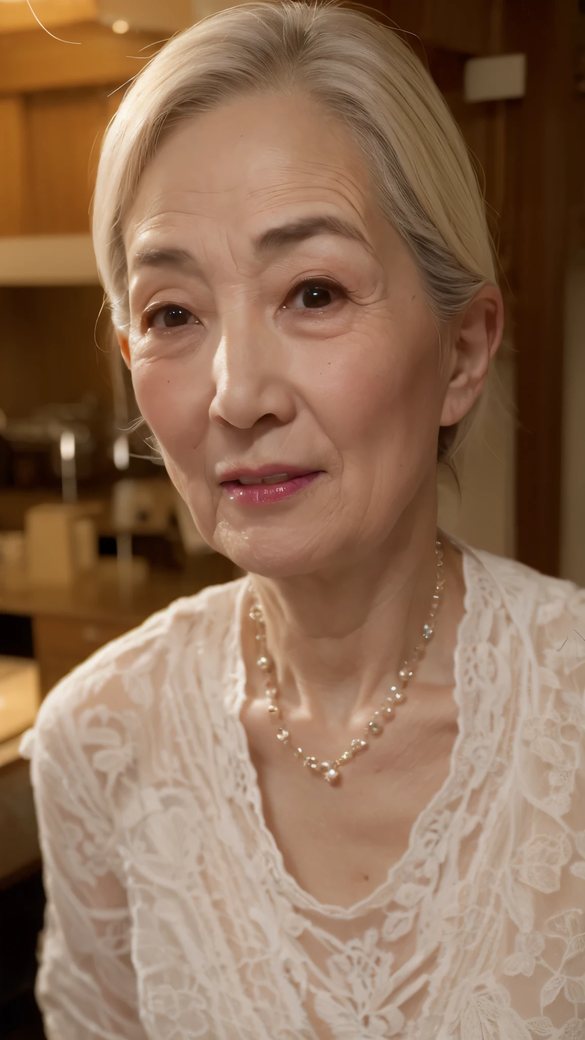 ((elderly mature woman)), ((Focused)), (decorative ceiling), (old face), pearl necklace, gravure, describe the lips correctly, red lipstick, from the chest up, In underwear, senior citizen,mature woman, flashy face, highest quality, super high quality, realistic, super dense skin, perfect explanation, (1 Japanese mature woman), (erotic), 100 years old, big breasts, Bewitching, Glamour, sexy, pure white skin, looking at the viewer,