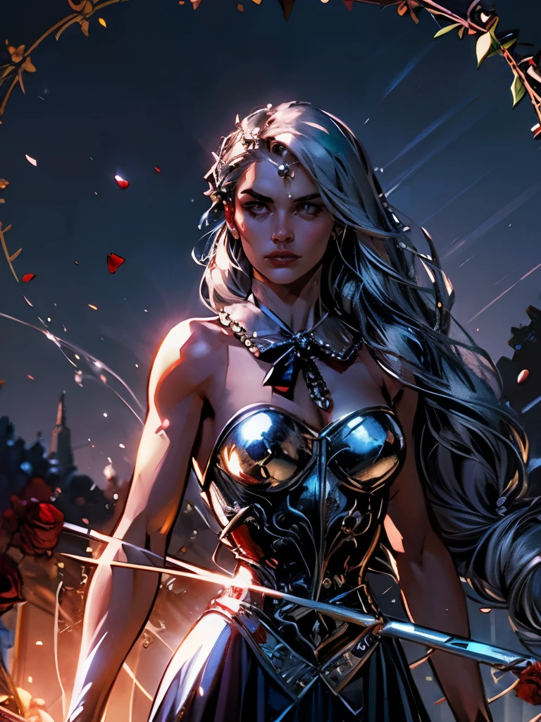 roses garden, happiness, light, lassen,big ribbon,pearls,roses sword,long silver hair,blood,foating,full of power,explosion