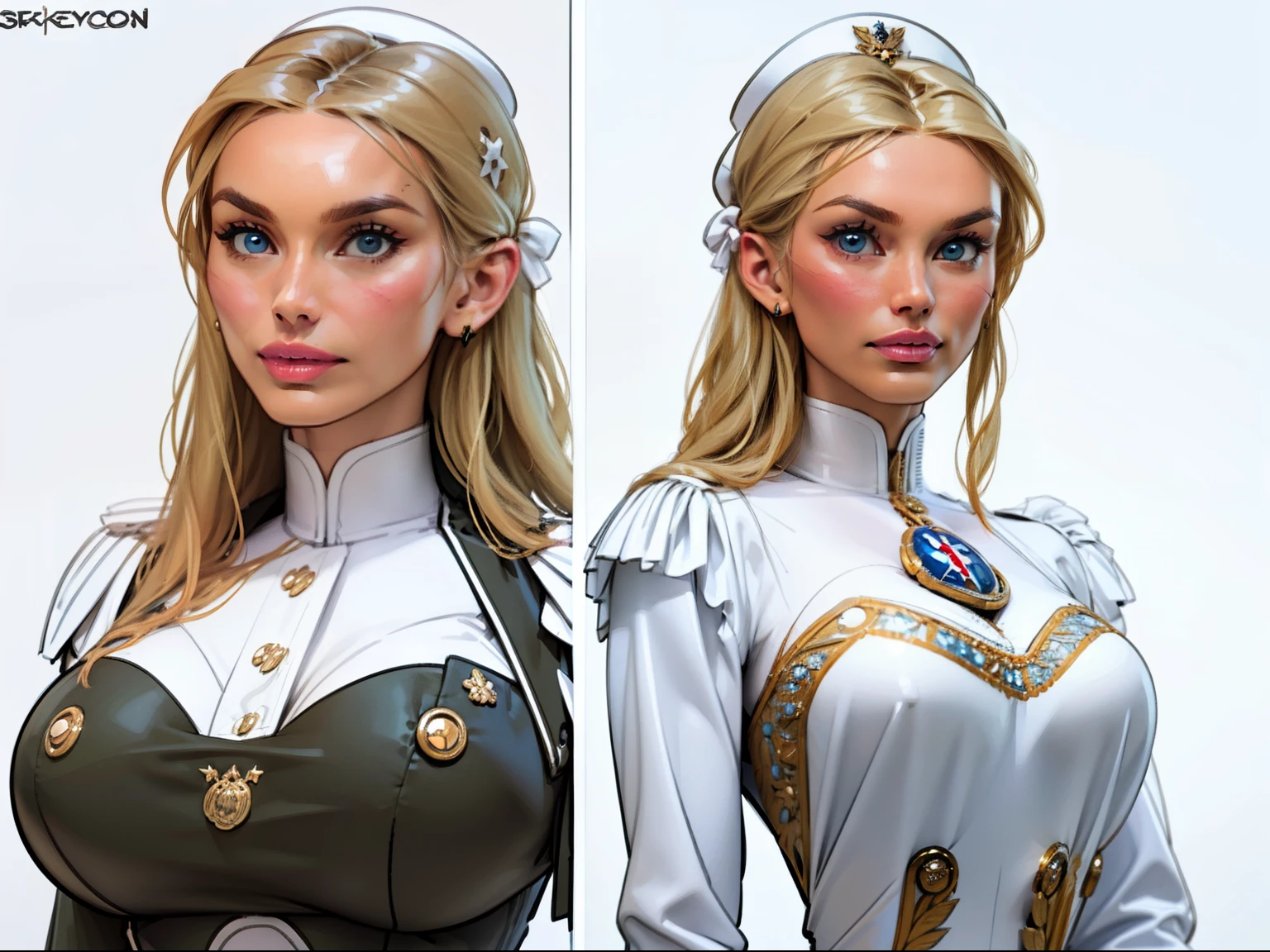 ((masterpiece)),(((best quality))),((character design sheet)), ((full body view)) mature face, defined cheekbones, high cheekbones, Same role,Girl with long thin (blonde hair), White Skin, Slim, beatiful face, blue eyes, (flat breasts:1.1), (wide hips), (((wearing white victorian military attire:1.4))), (sapphire details:1.1), (white boots:1.3), illustration, girl, muscular, ((detailed face:1.4)) beautiful woman, shiny skin, scribbles and marks,(puffy lips:1.4) , rough sketches, 8k,16k, (simple background, white background: 1.3)