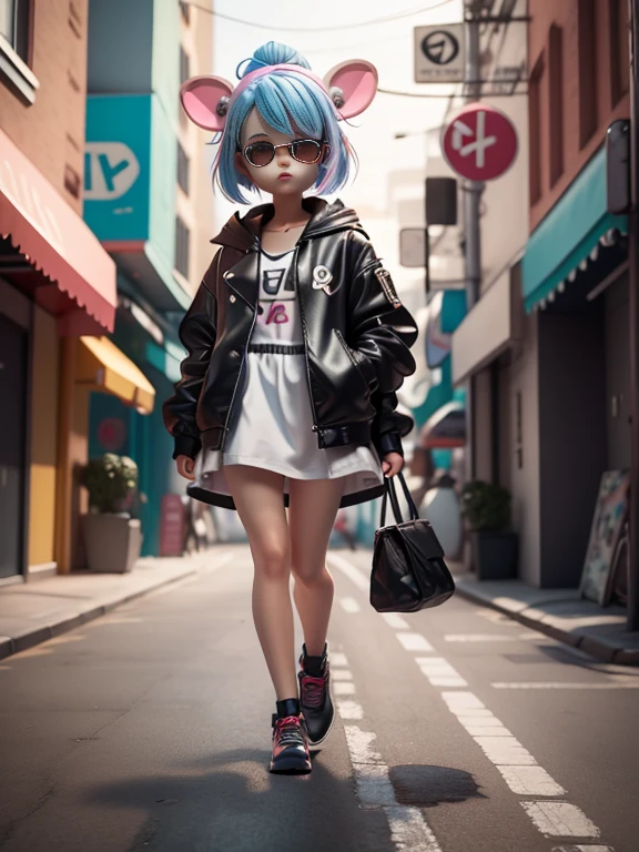 3D toy, 3Drenderingof, ip, cyber punk style, Cute little lamb standing on two feet like a human, masks, simple backgound, Best quality at best, c4d, blender, 3d model, toys, Vivid colors, Street style. A high resolution, A lot of detail, by Pixar, The color of the candy, Big shoes, fashionable and trendy, Artistically