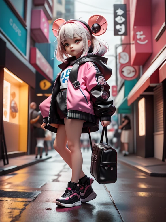3D toy, 3Drenderingof, ip, cyber punk style, Cute little lamb standing on two feet like a human, masks, simple backgound, Best quality at best, c4d, blender, 3d model, toys, Vivid colors, Street style. A high resolution, A lot of detail, by Pixar, The color of the candy, Big shoes, fashionable and trendy, Artistically
