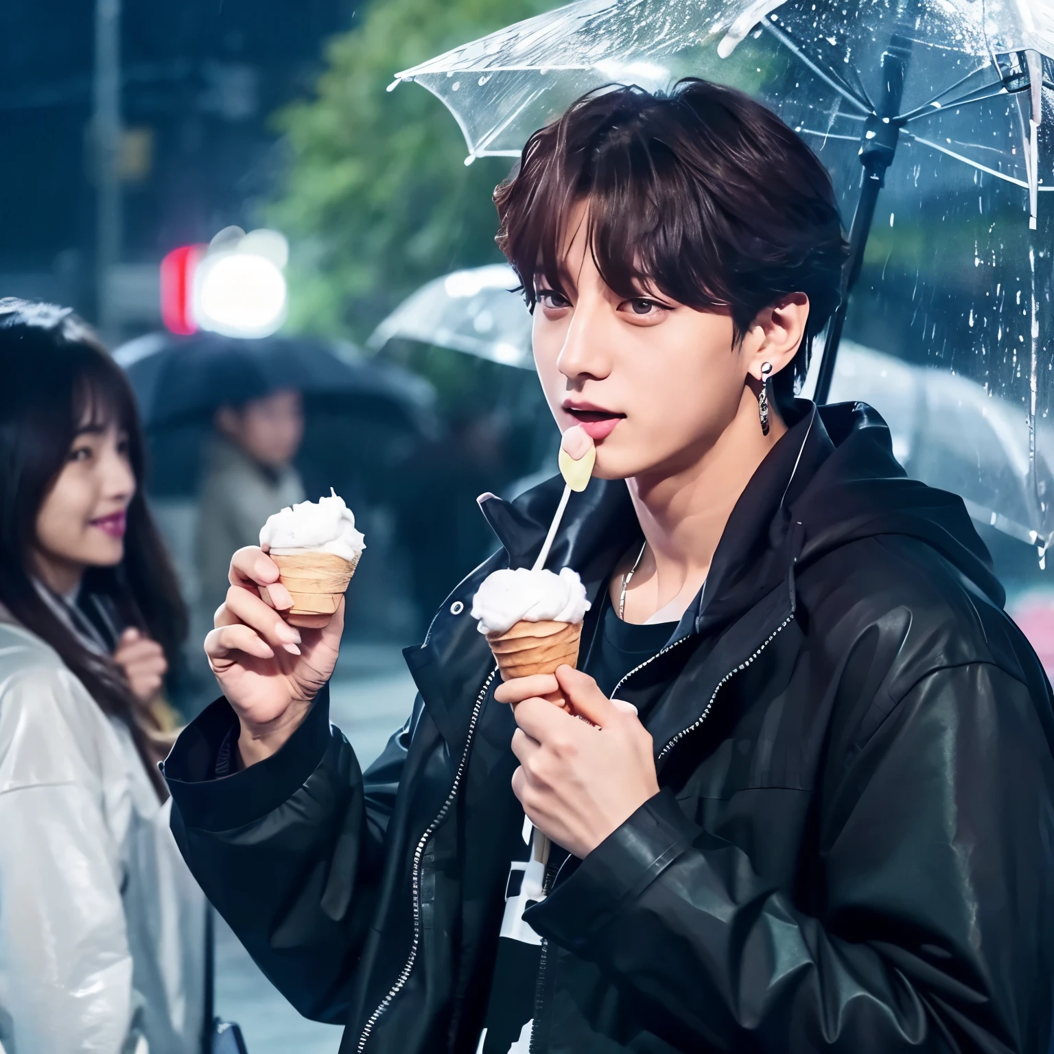 Jungkook, eating, ice cream ,rainy ,umbrella,