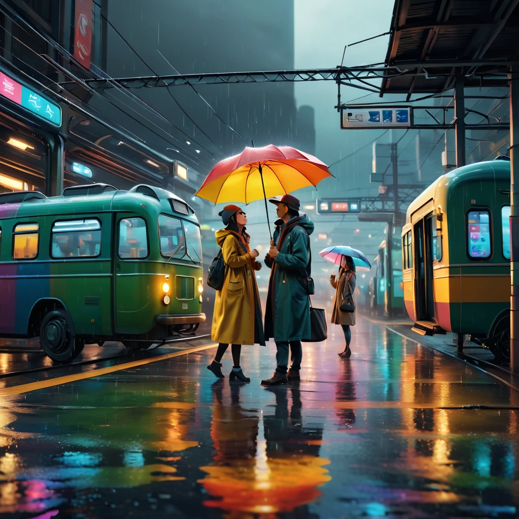 (train station scene:1.5),At a rainy bus stop,A man stands between two women,They are all waiting for the bus to arrive。A man and a woman share a large umbrella,The other woman was holding her own small umbrella。The rain formed puddles on the ground,The lights at the bus stop look particularly warm in the rain。The surrounding environment looks a little hazy due to the rain,But the lights at the bus stop provide them with a warm haven。Both men and women wore rainy-weather clothing,man wearing a hat,The women wore light raincoats。Despite the bad weather,But they seemed to have a pleasant conversation,This makes the whole scene full of human touch and warmth,Let the picture pay more attention to the expression of nature and environment,3D rendering miniature scene design,miniature diorama,Transparent material,Pipe conveying materials,rich and colorful,futuristic,Graphic design inspiration illustration,emerging rendering,mixer,Unreal Engine,HDR, HD,best quality