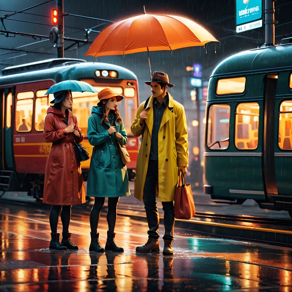 (train station scene:1.5),At a rainy bus stop,A man stands between two women,They are all waiting for the bus to arrive。A man and a woman share a large umbrella,The other woman was holding her own small umbrella。The rain formed puddles on the ground,The lights at the bus stop look particularly warm in the rain。The surrounding environment looks a little hazy due to the rain,But the lights at the bus stop provide them with a warm haven。Both men and women wore rainy-weather clothing,man wearing a hat,The women wore light raincoats。Despite the bad weather,But they seemed to have a pleasant conversation,This makes the whole scene full of human touch and warmth,Let the picture pay more attention to the expression of nature and environment,3D rendering miniature scene design,miniature diorama,Transparent material,Pipe conveying materials,rich and colorful,futuristic,Graphic design inspiration illustration,emerging rendering,mixer,Unreal Engine,HDR, HD,best quality