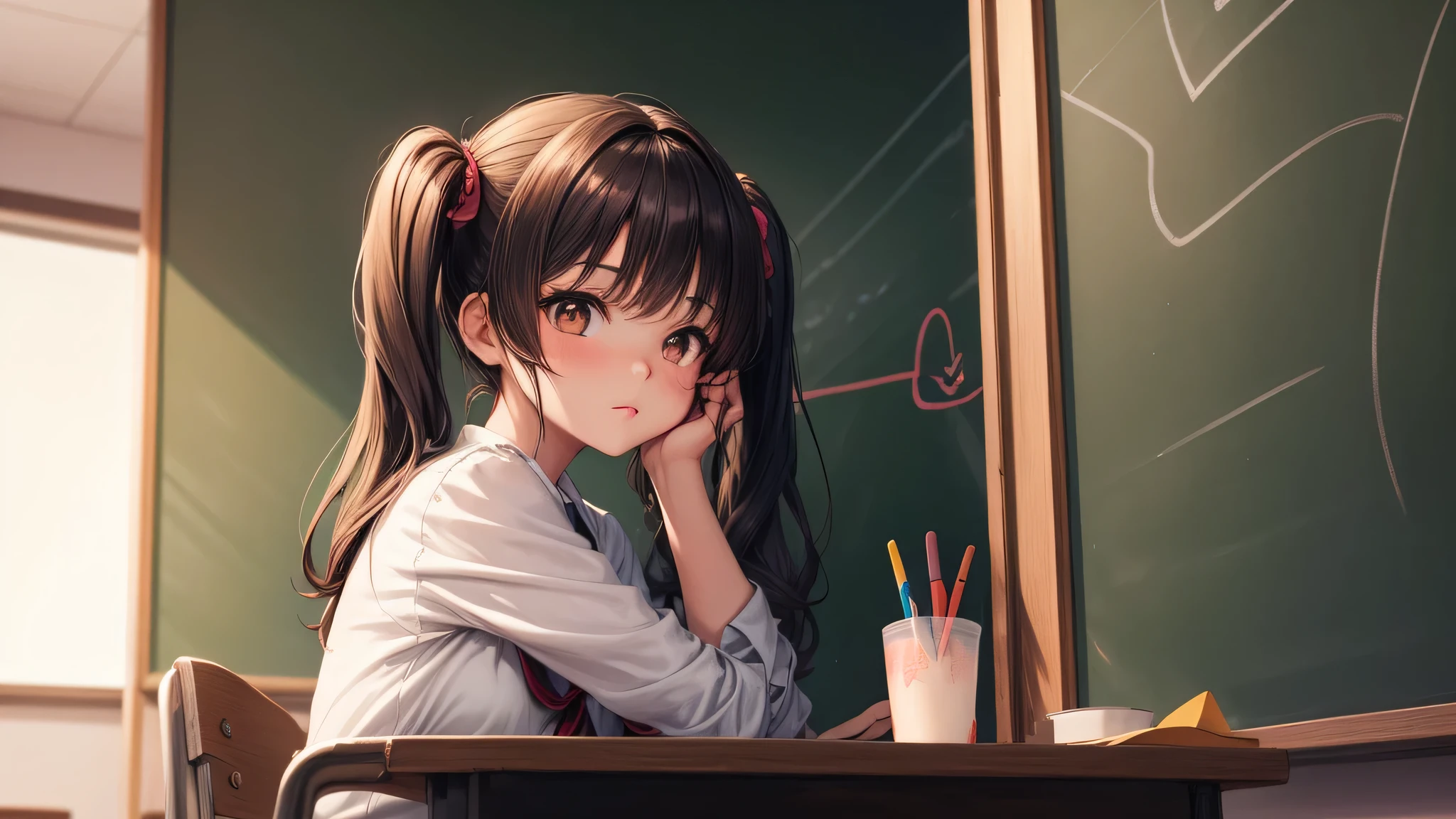 (ung girl:1.3), twintails, brown eyes, model, Enchanting, Sublime, indoors, (anime illustration), school, classroom, sunset, alone, (Heart shape written on blackboard with chalk:1.3),