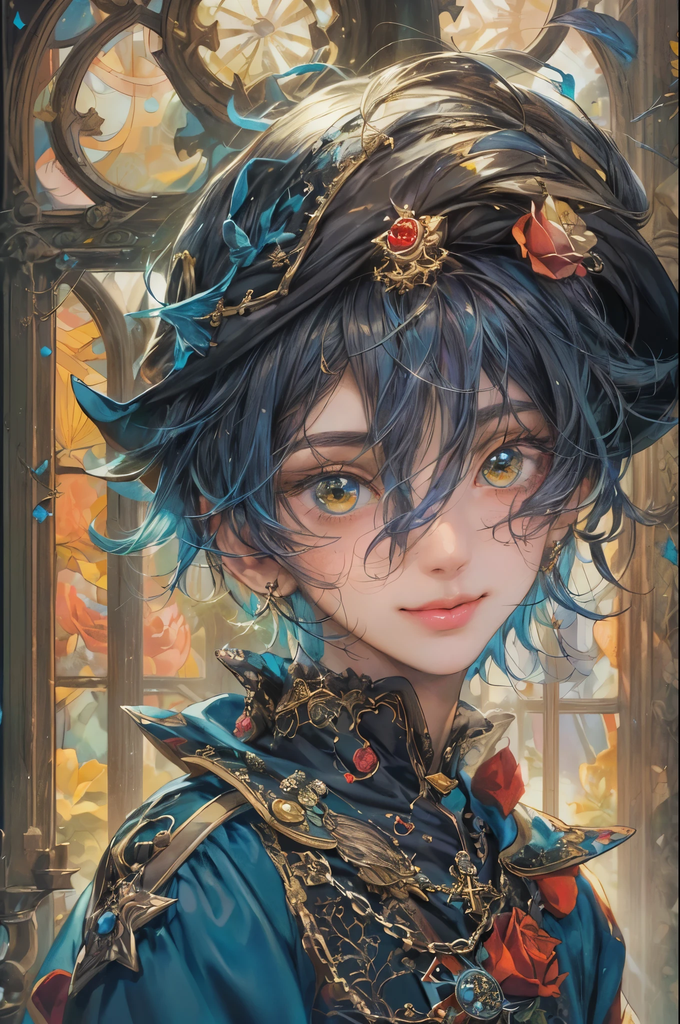 ((absurdres, highres, ultra detailed, perfect face), 1 boy , front view, young boy, handsome boy villain character from sugar sugar rune, short hair, anime eyes, mage clothes with colorful details, eyes on the viewer, add red details to picture and smirk, dimples, extremely detailed CG unity 8k wallpaper, add blue details on side, intricate details and add yellow details on left, rose ornaments, witch castle background, detailed houses town scenery window background, tim burton style theme
