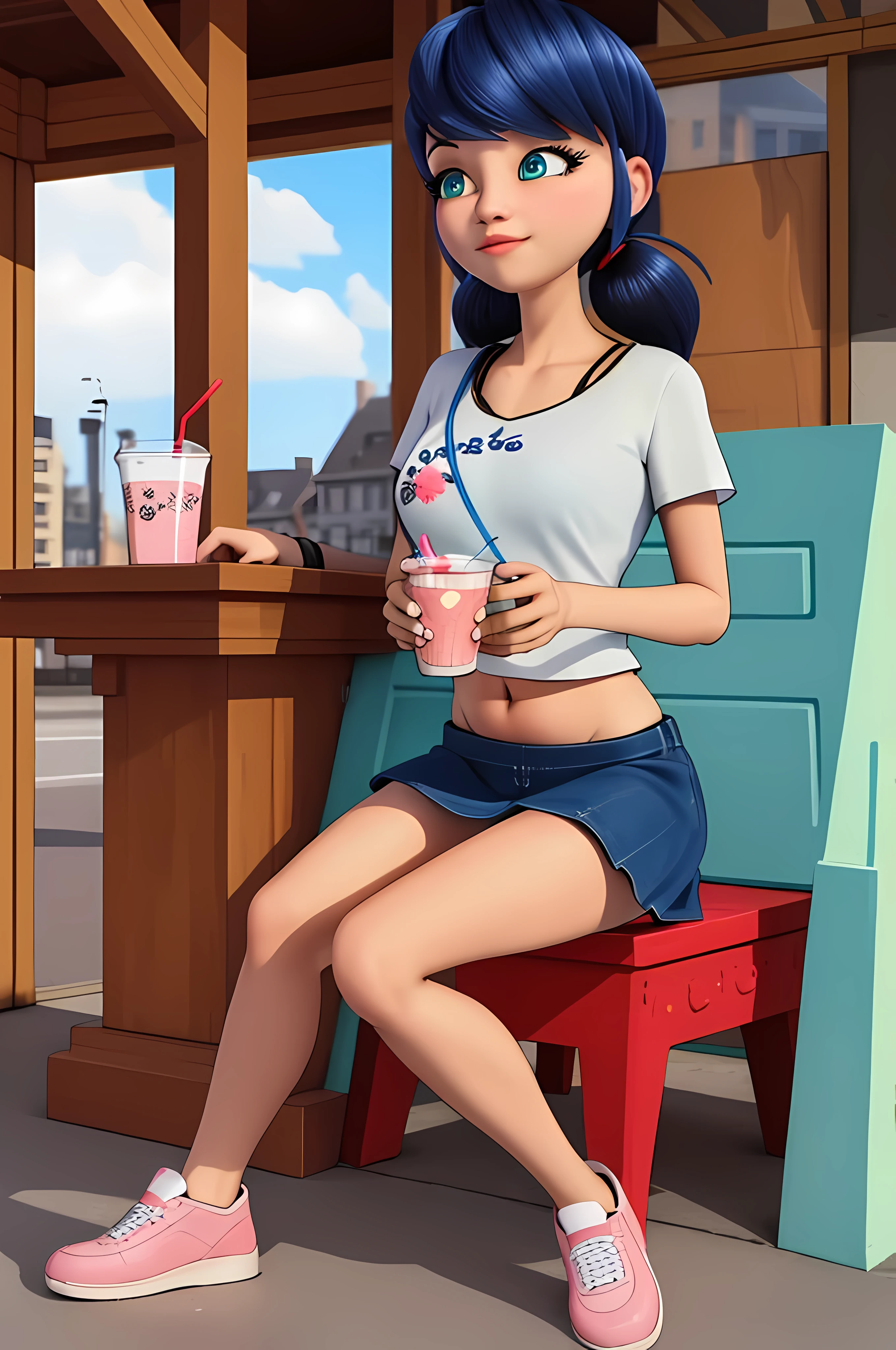 (8k, RAW photo, best quality, masterpiece:1.2), (intricate details), perfect eyes, perfect face, perfect lighting, beautiful, (masterpiece:1.2), (best quality:1.2), 1girl, solo, marinette, blue hair, ((long loosen hair)), adult torso, , slight smile, large sized breasts, (short skirt, red navel t-shirt, gap), holding a milkshake, cowboy shot, 3DMM, full body view. seated