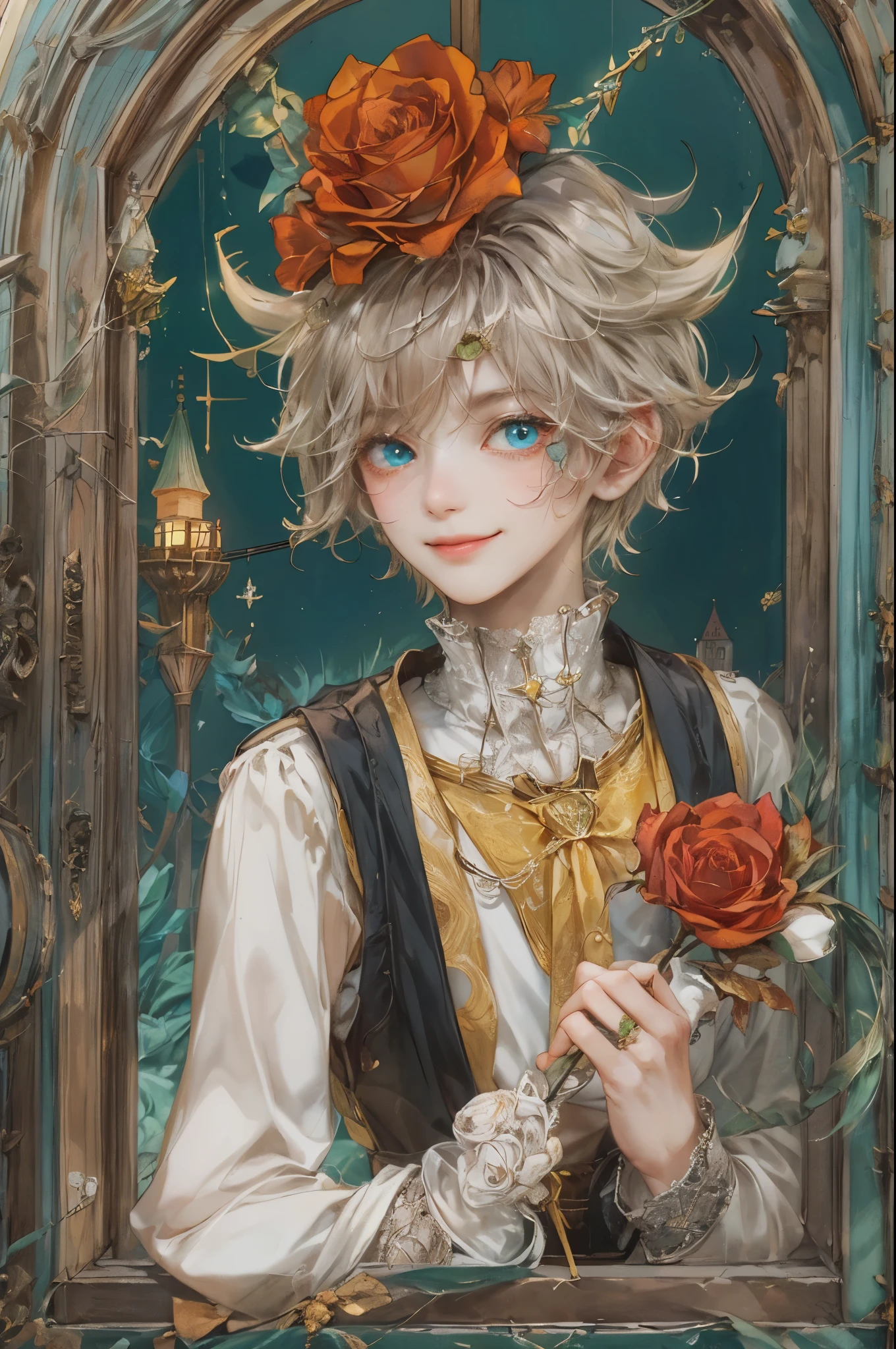 ((absurdres, highres, ultra detailed, perfect face), 1 boy , front view, young boy, handsome boy villain character from sugar sugar rune, short hair, anime eyes, mage clothes with colorful details,  eyes on the viewer, add red details to picture and smirk, dimples, extremely detailed CG unity 8k wallpaper, add blue details on side, intricate details and add yellow details on left, rose ornaments, witch castle background, detailed houses town scenery window background, tim burton style theme
